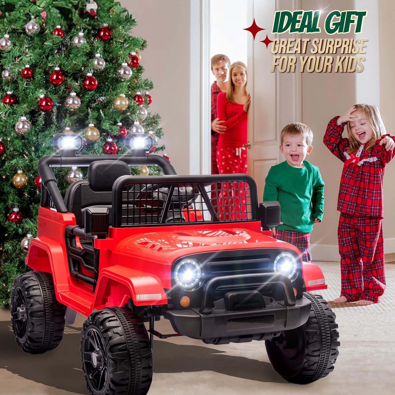 JOYMOR 12V Kids Ride on Truck with Remote Control, 4 Wheels Battery Powered Kids Car, Electric Play Car with LED Lights/Horn/Remote and Manual Control/3-5 MPH Speed/Gift for Girl Boy (Red)