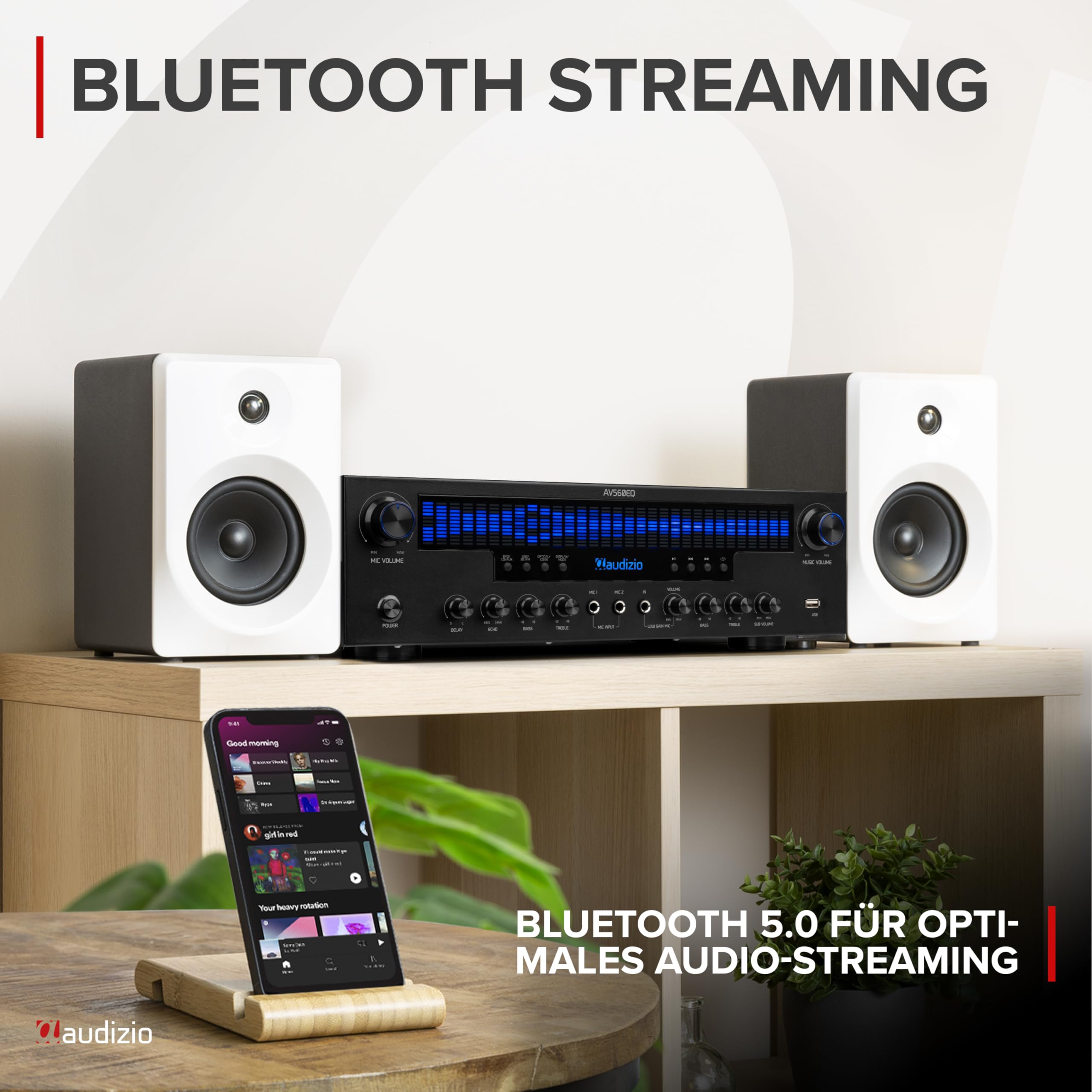 Audizio AV560EQ - 5.1 HiFi Verstärker mit Bluetooth, 390 Watt AV Receiver & Stereoanlage für Heimkino, TV & Musik - Verstärker HiFi Stereo mit Subwoofer-Out, USB, FM-Radio, 2X Mikrofon, Equalizer