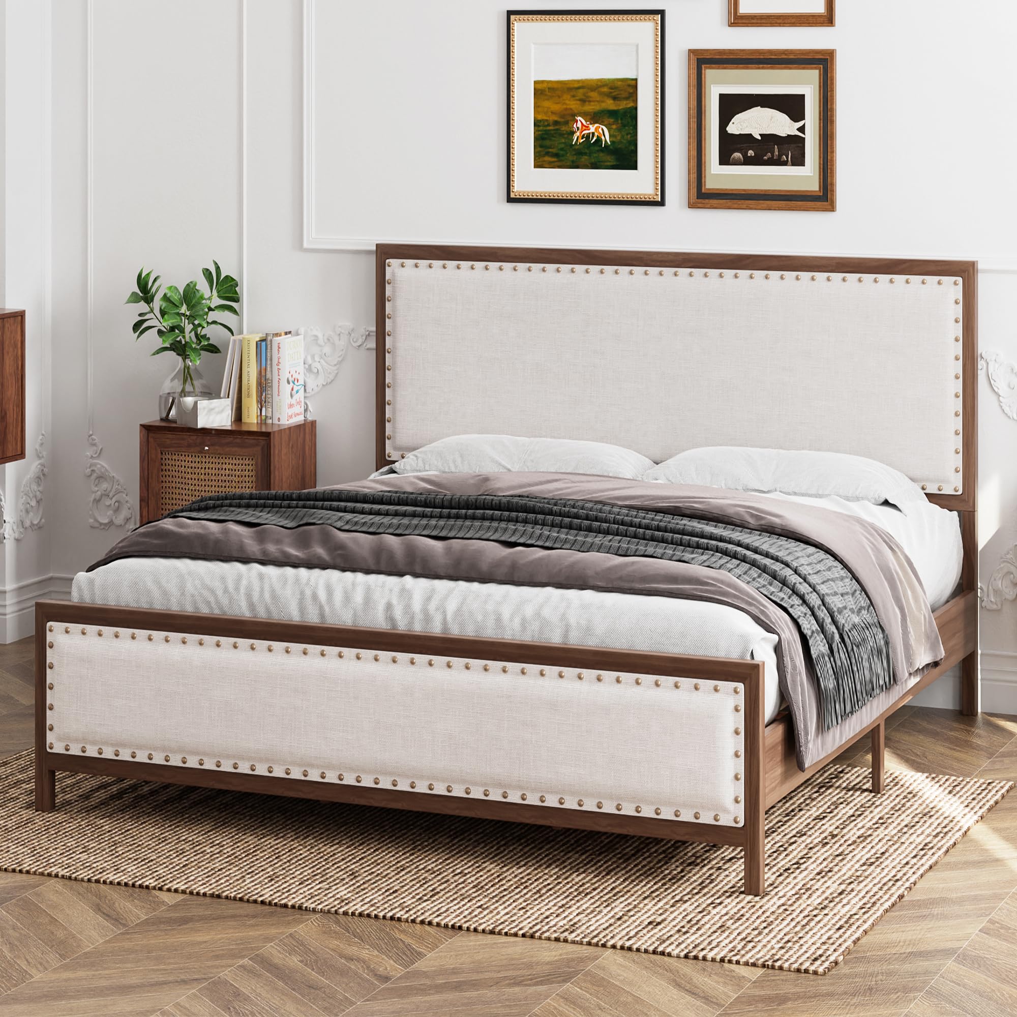 King Size Metal Bed Frame, Upholstered Platform Bed with Linen Headboard and Footboard, Wood Grain Bed Frame with Rivet, No Box Spring Needed, Vintage, Walnut, King