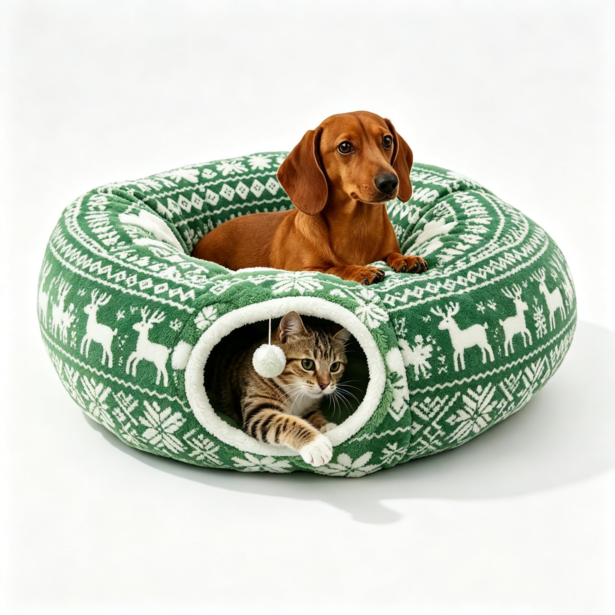 Dachshund Tunnel Bed, 2027 Tunnel Bed for Dachshund Dog，Xmas Green A