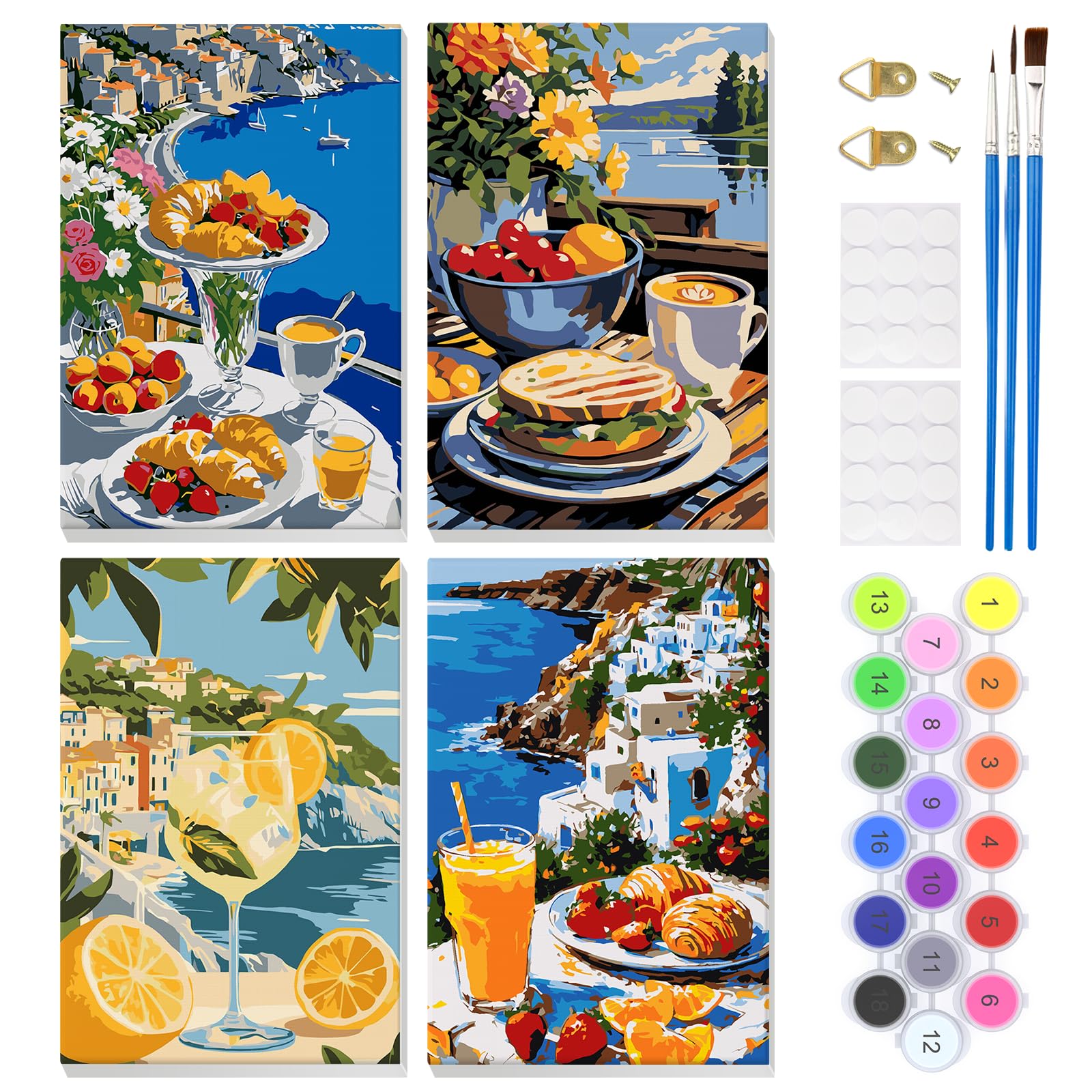 EOBROMD 4 Pack Bread Paint by Numbers for Adults Beginner with Frame, Sea View Paint by Numbers Kits, Food Acrylic Easy Painting by Numbers for Gift Home Wall Decor 8x12in