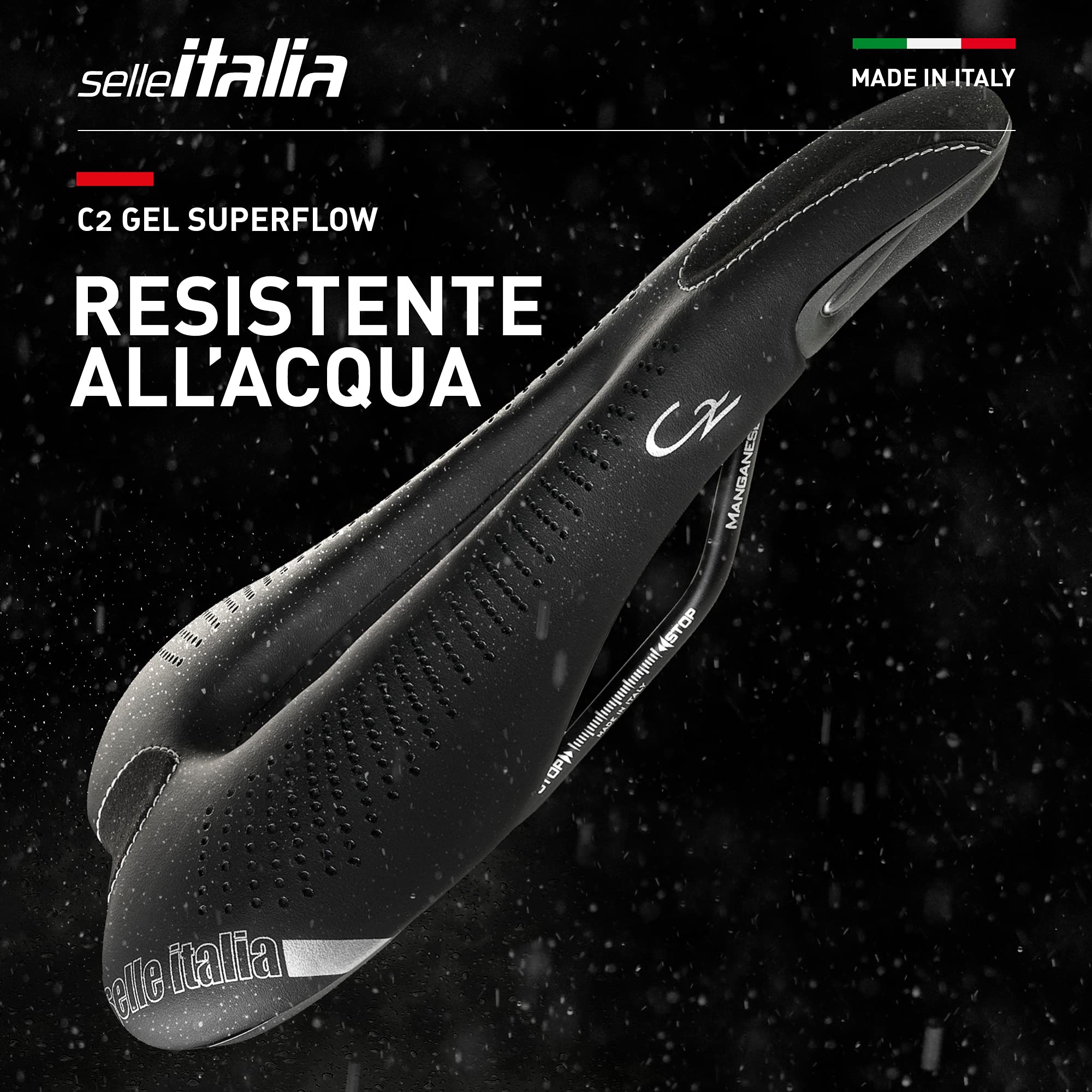 Selle Italia - Sattel für Rennrad C2 Gel Flow, Rail Manganese Rohr Ø7, Sattel Road Gran Turismo Faser-Tek, Comfort Gel, Stoßdämpfer