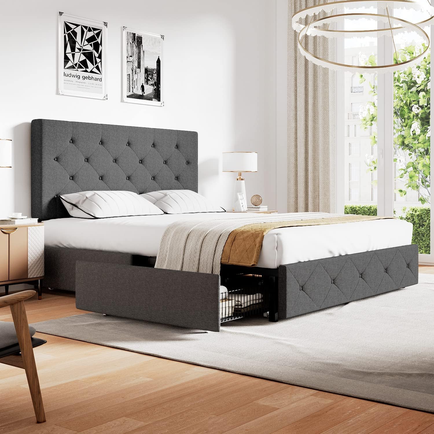 IMUsee Queen Bed Frame, Upholstered Platform Bed Frame with 4 storage drawers and Diamond Stitched Button Tufted Adjustable Headboard, Wood Slat Support, Easy Assembly, No Box Spring Needed, Dark Grey