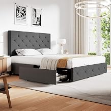 IMUsee Queen Bed Frame, Upholstered Platform Bed Frame with 4 storage drawers and Diamond Stitched Button Tufted Adjustable Headboard, Wood Slat Support, Easy Assembly, No Box Spring Needed, Dark Grey
