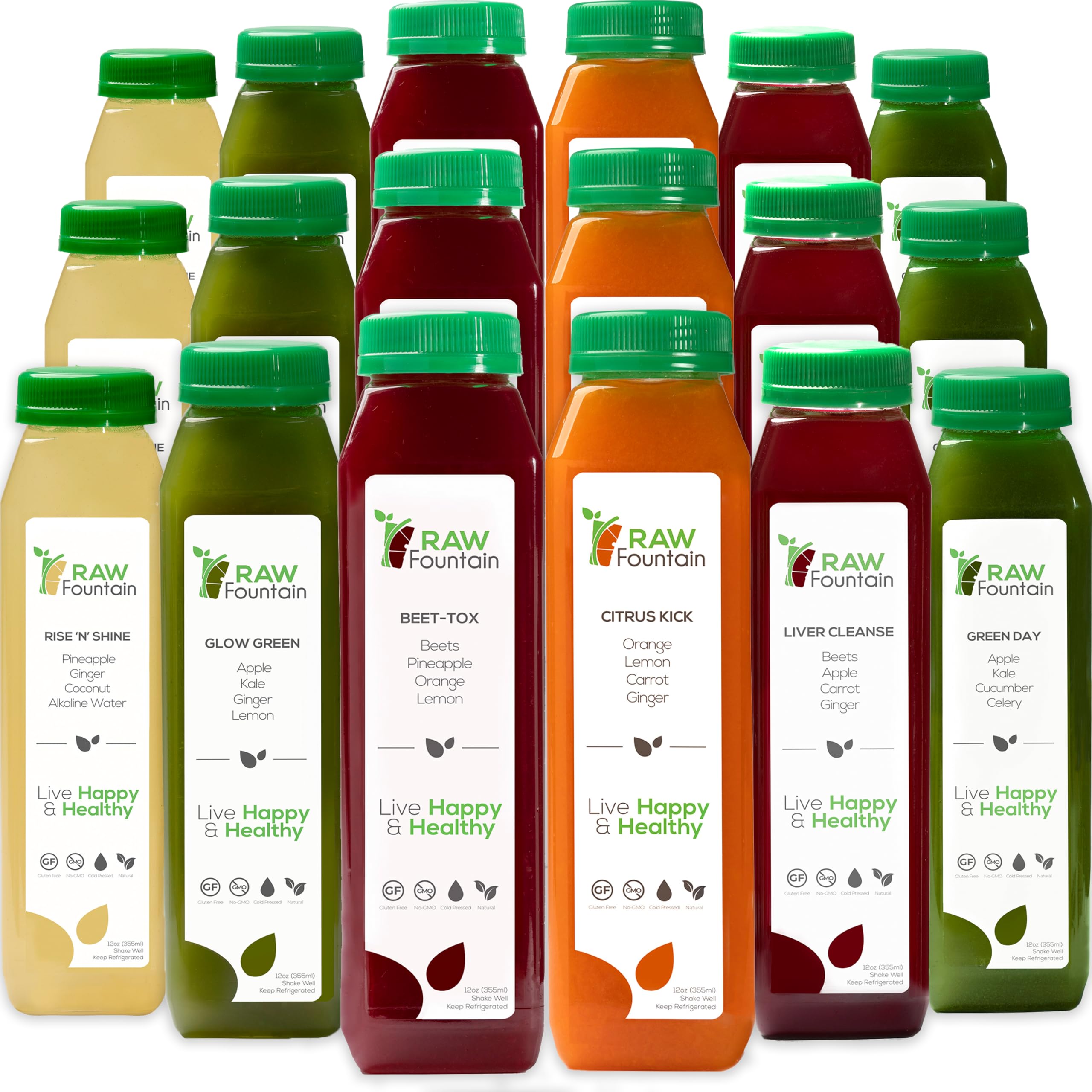 3 Day Juice Cleanse by Raw Fountain, All Natural Raw Detox Cleanse, Juicing for Body Reset, Cold Pressed Juice Fast, Great Way to Jumpstart a Healthy Diet, 18 Bottles 12oz