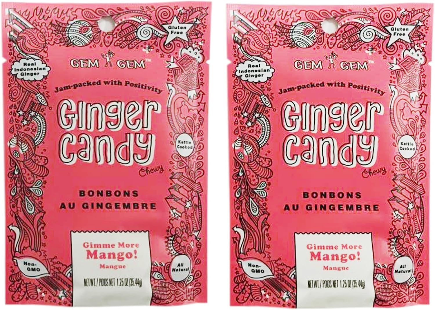 Gem Gem All Natural Chewy Ginger Candy 35.44g (Pack of 2) (Mango
