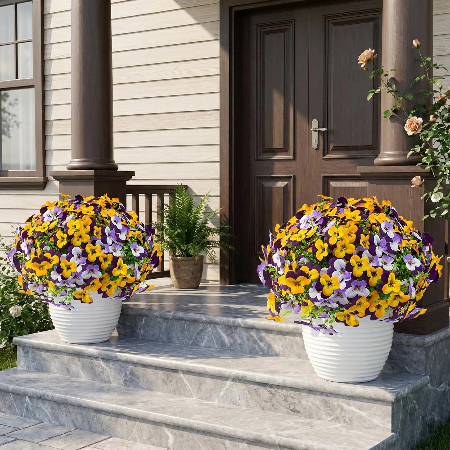 32 Pcs Artificial Pansy Flowers for Outdoors UV Resistant Faux Silk Spring Flowers for Outside, Realistic Pansies for Window, Front Door Porch and Home Decor (32, Purple, Yellow, White, Light Purple)