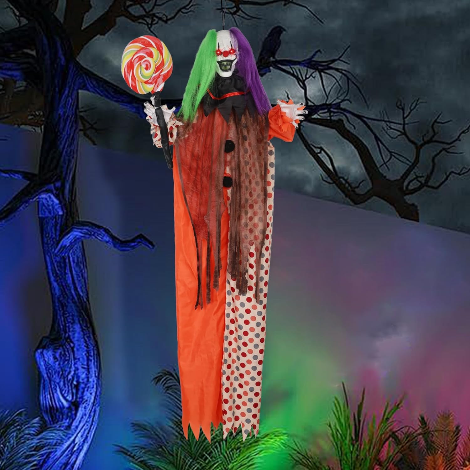 Prsildan Halloween Hanging Clown Decorations Outdoor Scary Animated Clown Halloween Props with Creepy Sound, Motion Activated, Red Light Up Eyes for Indoor Outside Yard Holiday Décor