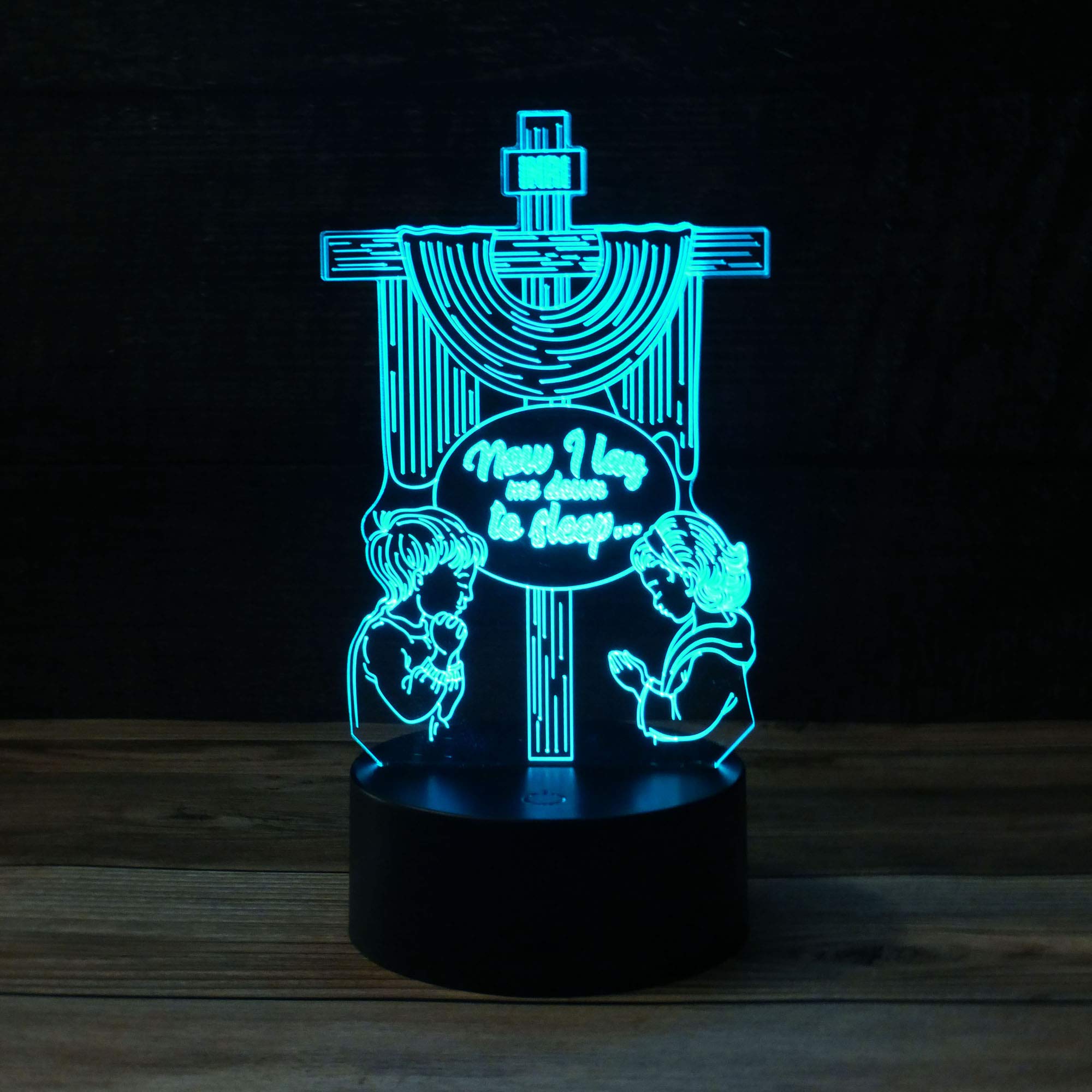 3D Praying Children w/Holy Cross Night Light - 7 Color LED Lamp Base with USB, Battery & Touch Control Rotating Fade, Solid Color Mode Makes a Perfect Nightlight for Kids or Unique Gift for Any Age