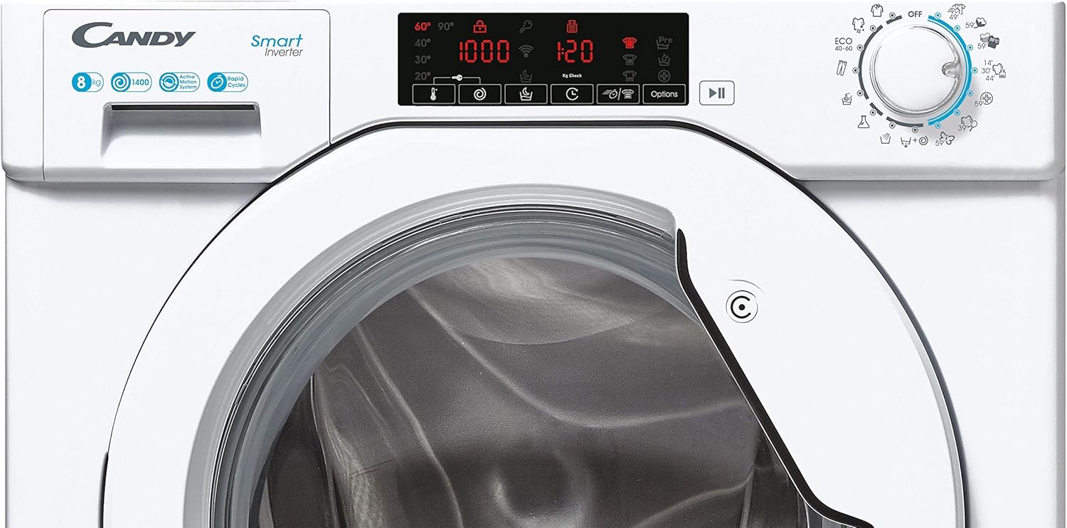 Candy Smart Inverter CBW 48TWME-S Lavatrice da Incasso, 8 Kg, 1400 Giri, Programma Igiene e Lana, Cicli Rapidi, Classe A, 60x53x82 cm, Bianco