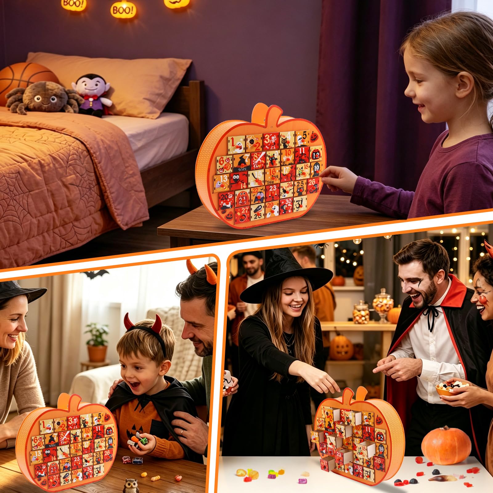 FOIMAS Calendario de Adviento de Halloween, caja de calendario de Adviento de madera con cuenta regresiva de calabaza de 31 días con cajones de almacenamiento para decoración de fiesta de Halloween