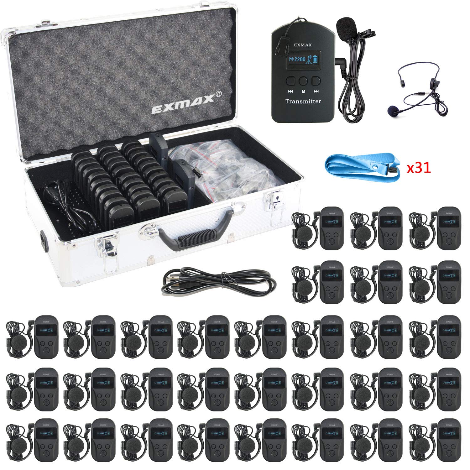 EXMAX EXD-101 2.4G Wireless Tour Guide System Audio Interreter In Ear Monitor Simultaneous Interpretation for Silent Meeting Tour Social Distancing 1 Transmitters & 30 Receivers 32-slot Charging Case