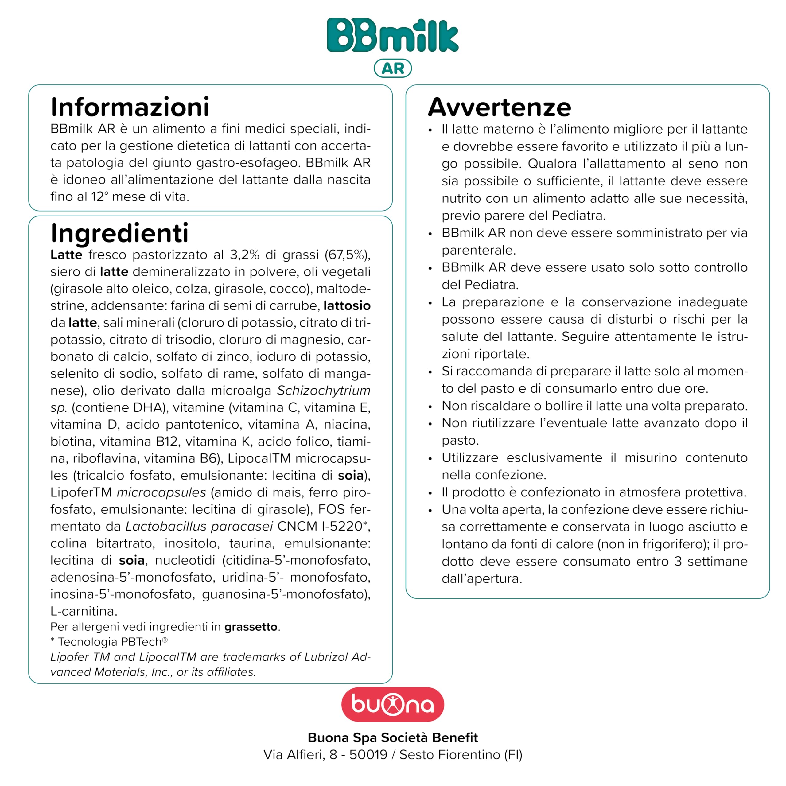 Buona Latte Antireflusso, BBmilk AR 400g, Latte in Polvere per Neonati 0-12 Mesi, con Farina di Semi di Carrube, Alimento a Fini Medici Speciali, Formula Addensata con Latte Fresco Pastorizzato