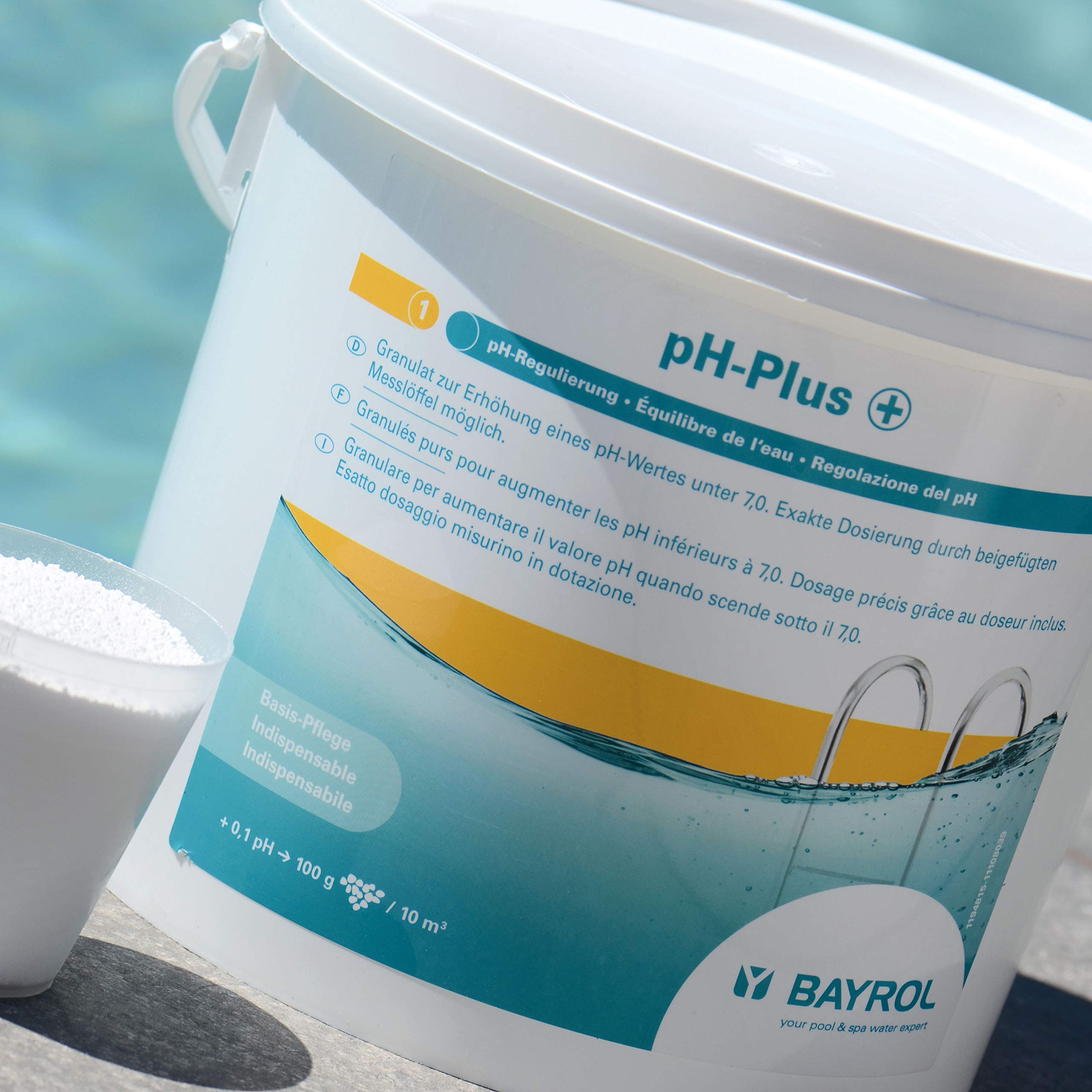 BAYROL pH Plus 12 kg – Granulado para Piscina – Elevador de pH – Elevador de pH – Elevador rápido del pH – Contiene Vaso dosificador – pH Plus Pool – Aumentar el Valor del pH en la Piscina
