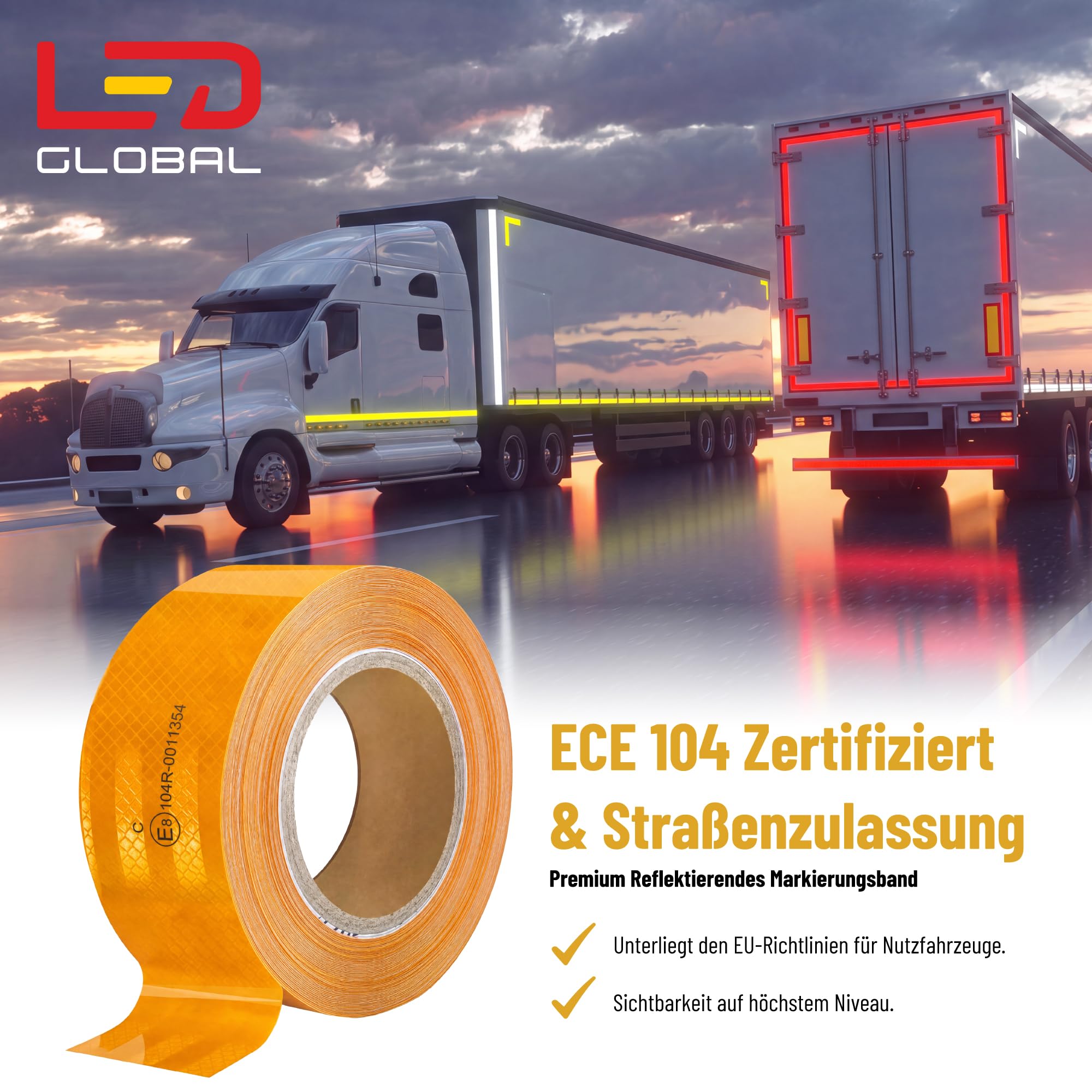 Cinta reflectante autoadhesiva – E Mark ECE R104 Clase C – Ámbar – 50 m x 5 cm – Cinta reflectante – Conspicuous Warning Tape para camiones, remolques, remolques y vehículos comerciales