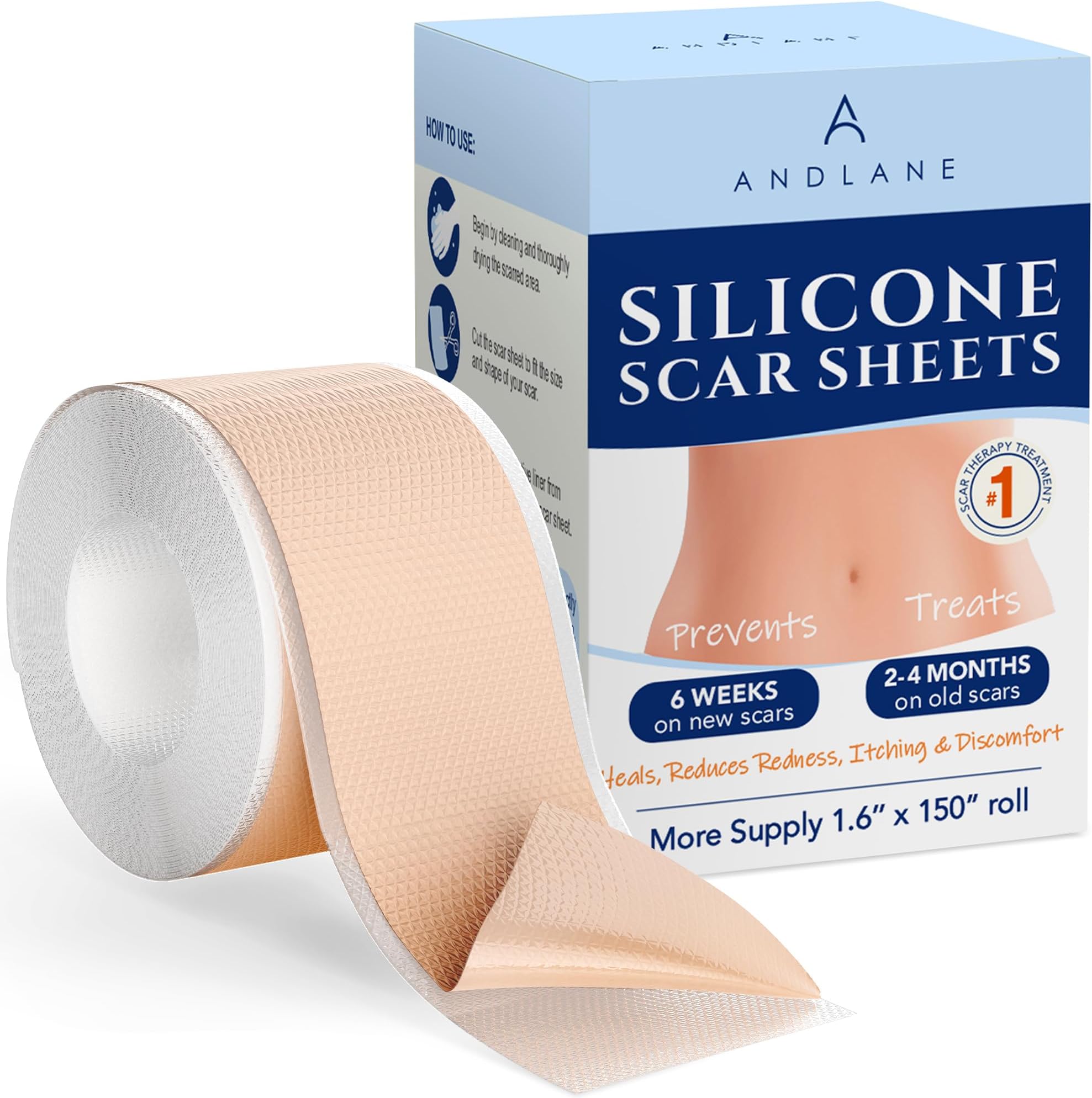 Silicone Scar Sheets - 1.6'' x 150'' Medical Grade Silicone Scar Tape for Scars Removal - Recovery Must Haves for Surgical Scars, C Section, Keloid, Hysterectomy, Stretch Marks, Acne