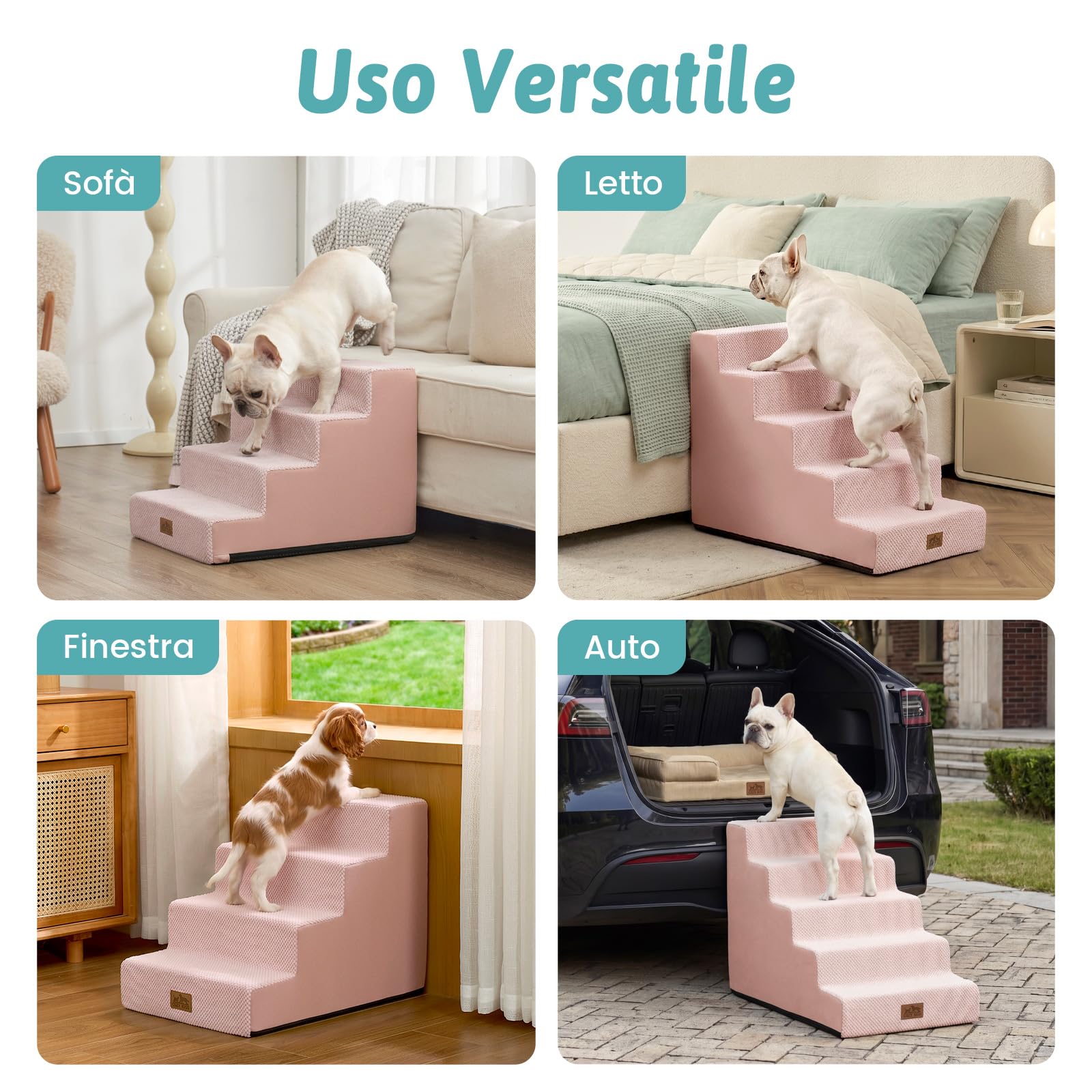 COZY KISS Scaletta larga per cani di piccola taglia, altezza 45 cm, per letto, divano, auto, antiscivolo, per cani anziani, cuccioli, cani di piccola taglia e media, 60 x 45 x 45 cm, 4 ripiani, rosa
