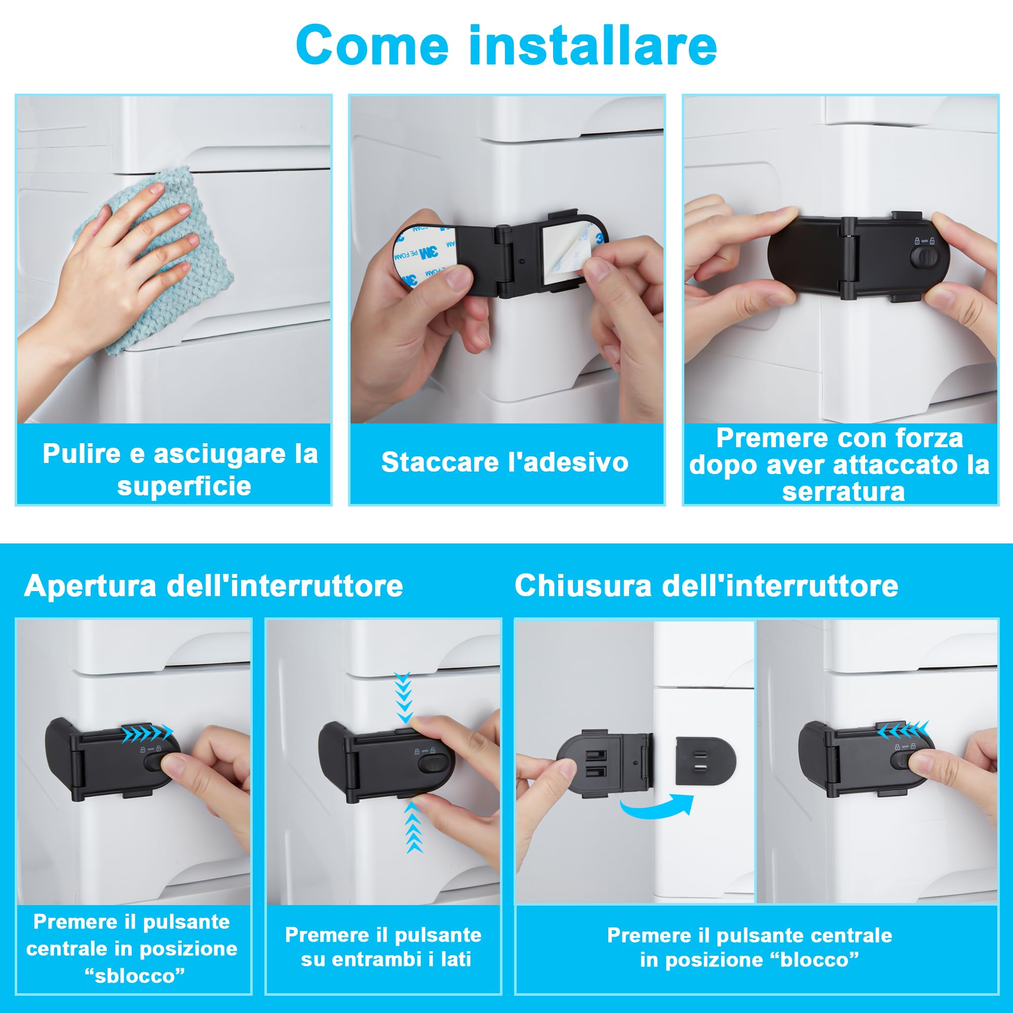 REDTRON Serrature per di sicurezza per bambini con doppio interruttore di sicurezza (4 pezzi, nero), blocca cassetti per bambini, facili da installare con adesivo 3M