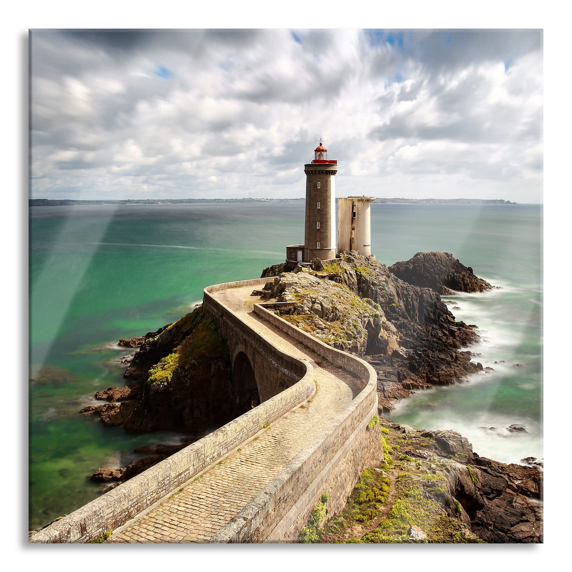 Quadro in vetro panoramico, da parete in vero vetro, motivo mare infuriato con faro, 100 x 40 cm, con sospensione e distanziatore