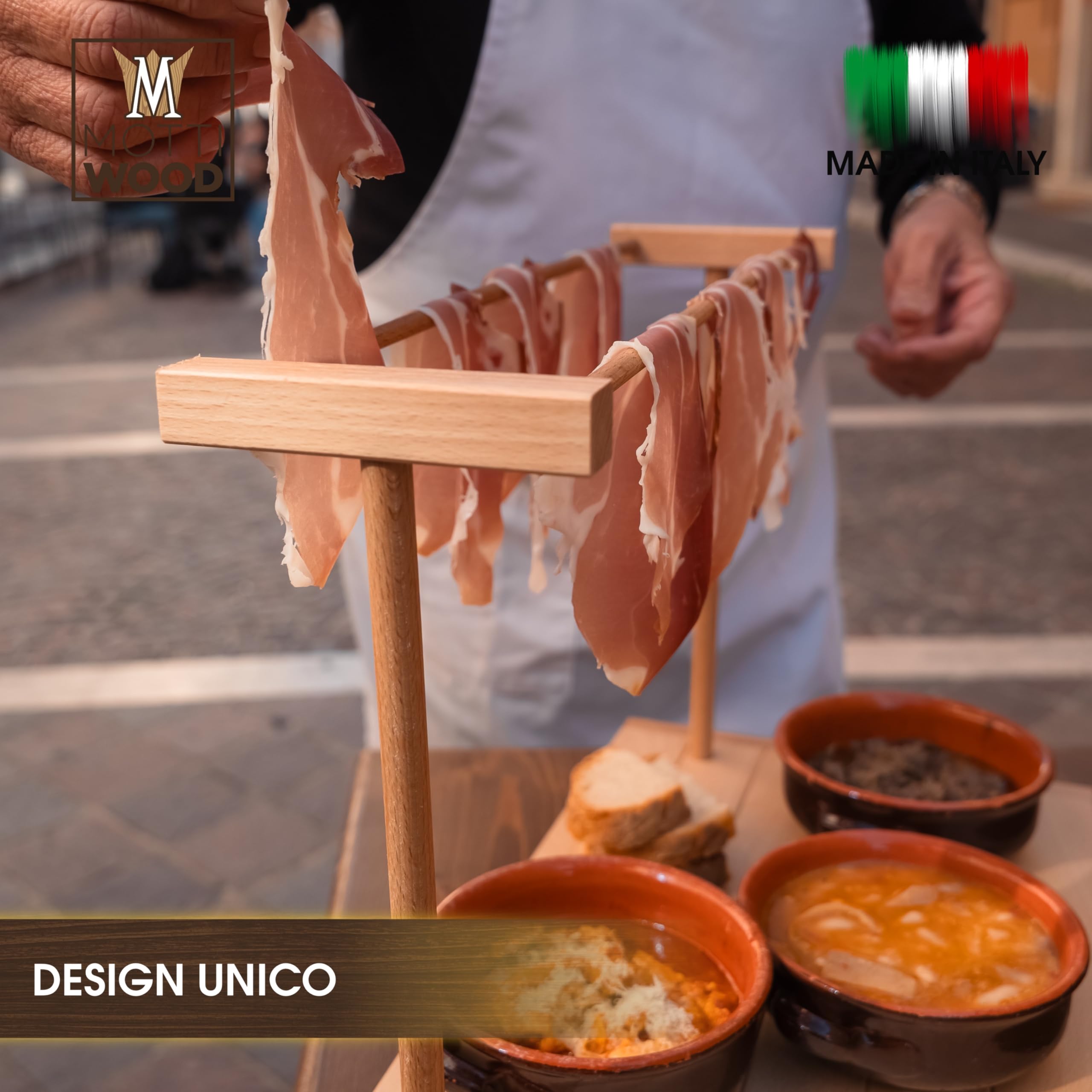 Mottinox - Vassoio Per Aperitivo in 100% Legno Di Faggio, Appendi Prosciutto, Smontabile, 37x49x27