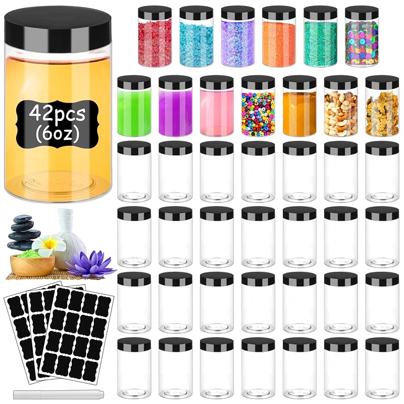 Hajoyful Frascos Plásticos Transparentes com Tampas Pretas, 42 Unidades de 180 mL com Etiquetas e Caneta