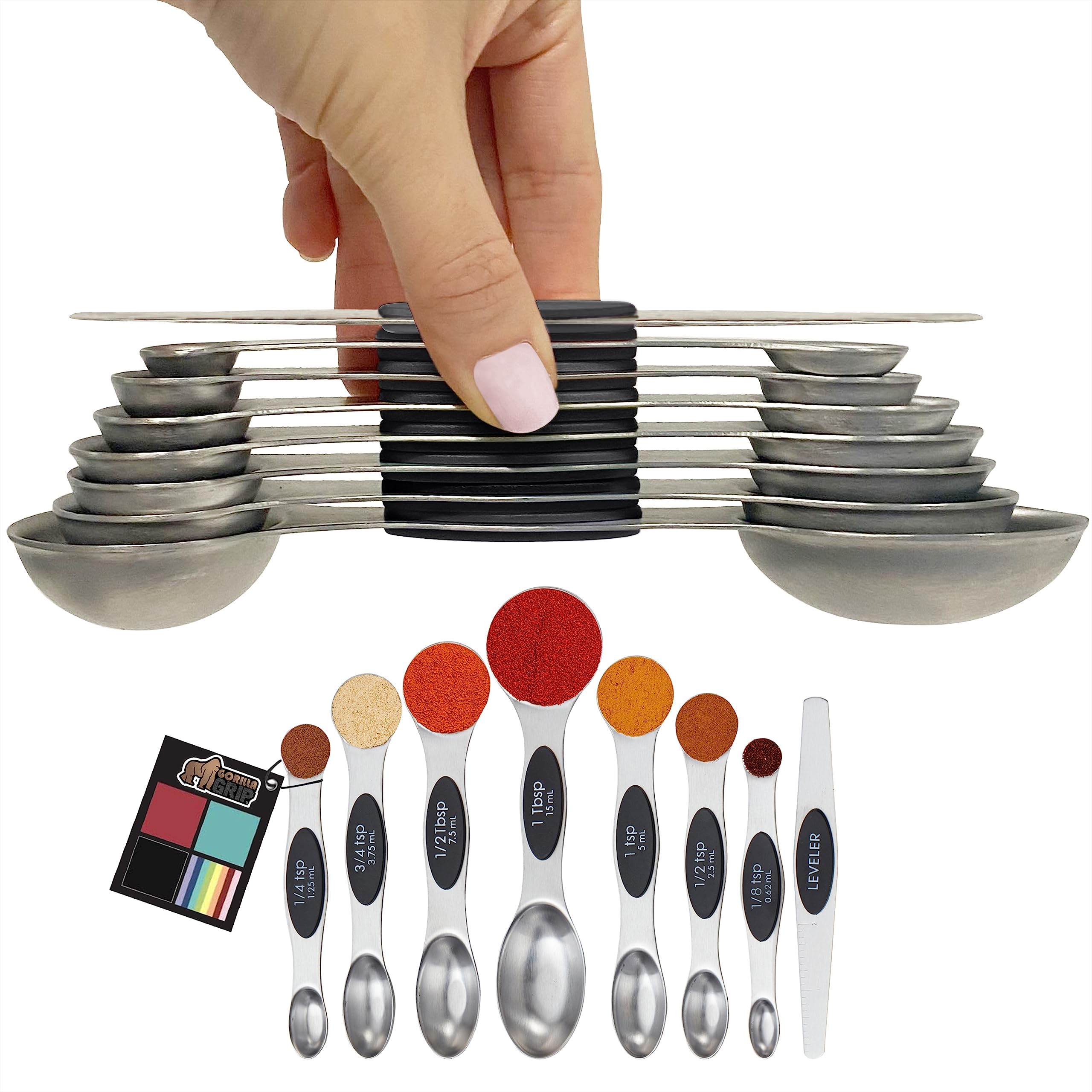 GORILLA GRIP 8 Piece 100% BPA Free Magnetic Nesting Stainless Steel Measuring Spoon Set with Leveler, Dual Sided for Liquid and Dry Ingredients, Cream and Sugar Kitchen Spoons, Baking, Cooking, Black