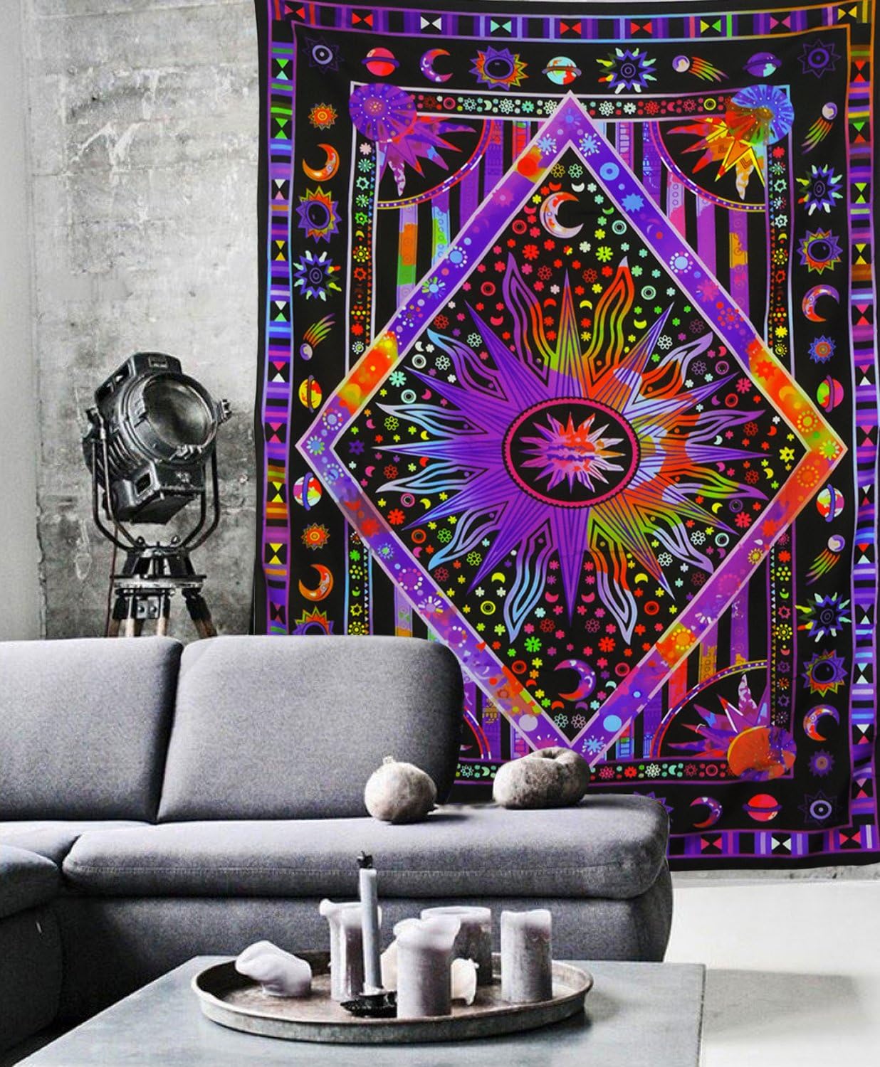 Tie Dye Purple Burning Sun Tapestry Psychedelic Celestial Sun Moon Planet Bohemian Tapestry Wall Hanging Mandala Boho Hippie Tapestry