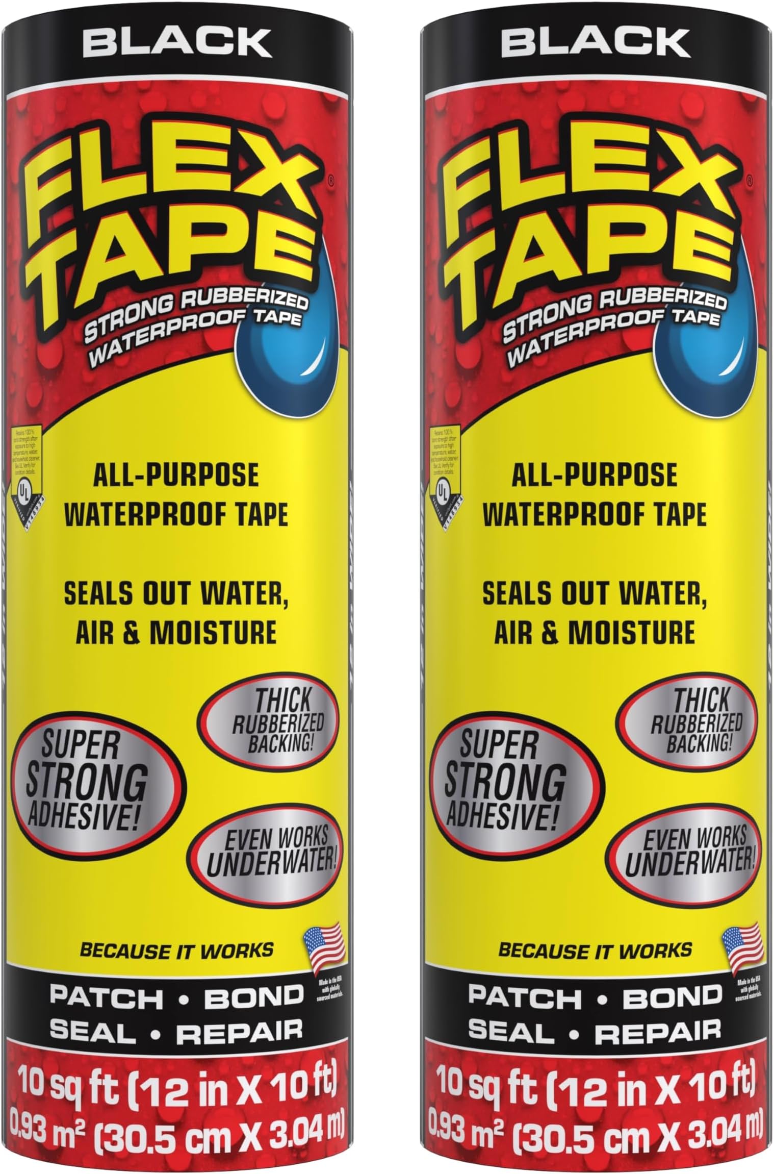 Original Thick Flexible Rubberized Waterproof Tape - Seal and Patch Leaks, Works Underwater, Indoor Outdoor - Home RV Roof Plumbing and Pool Repairs, Black, 12 in x 10 ft, Pack of 2