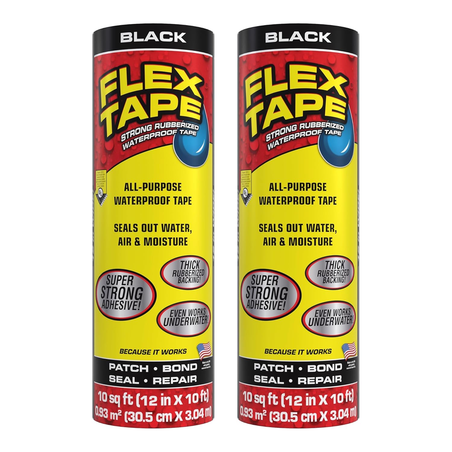 Flex Tape, Original Thick Flexible Rubberized Waterproof Tape - Seal and Patch Leaks, Works Underwater, Indoor Outdoor - Home RV Roof Plumbing and Pool Repairs, Black, 12 in x 10 ft, Pack of 2