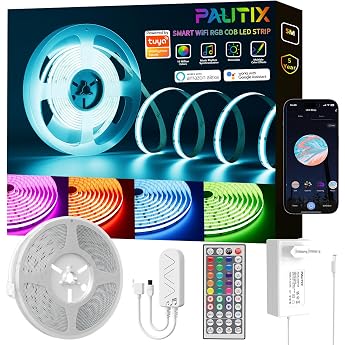 PAUTIX WiFi COB LED Strip RGB 5 m 24 V Dimmable RGB LED Strip Lights Compatible with Alexa/Google Assistant/Tuya Flexible Multicoloured LED Strip with Colour Changing for TV Bedroom Party and Home