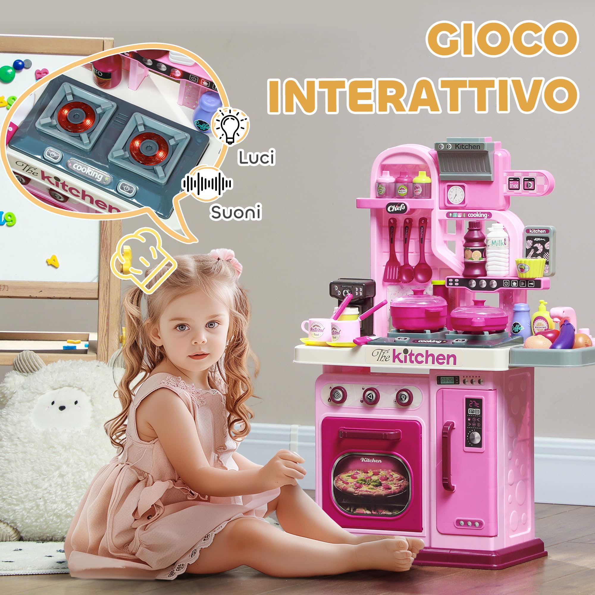 AIYAPLAY Cucina Giocattolo per Bambini da 33 Pezzi con Luci, Suoni e Rubinetto, Gioco per Bambini in PP e ABS, 53x22x69 cm, Rosa
