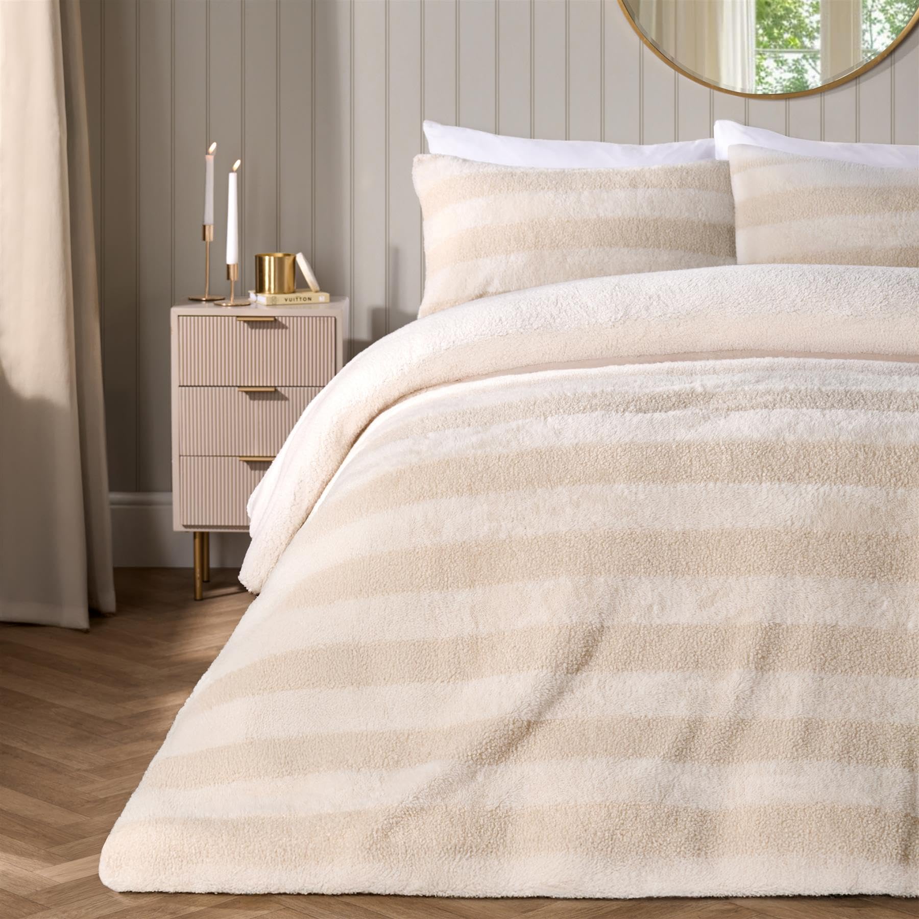 Ohs Women's Natural Single Duvet Cover Set Tufted Boucle Stripe, Christmas Duvet Cover Single Autumn Winter Warm Comfy Ultra Soft Faux Fur Fleece Bedding Set With Pillowcase,