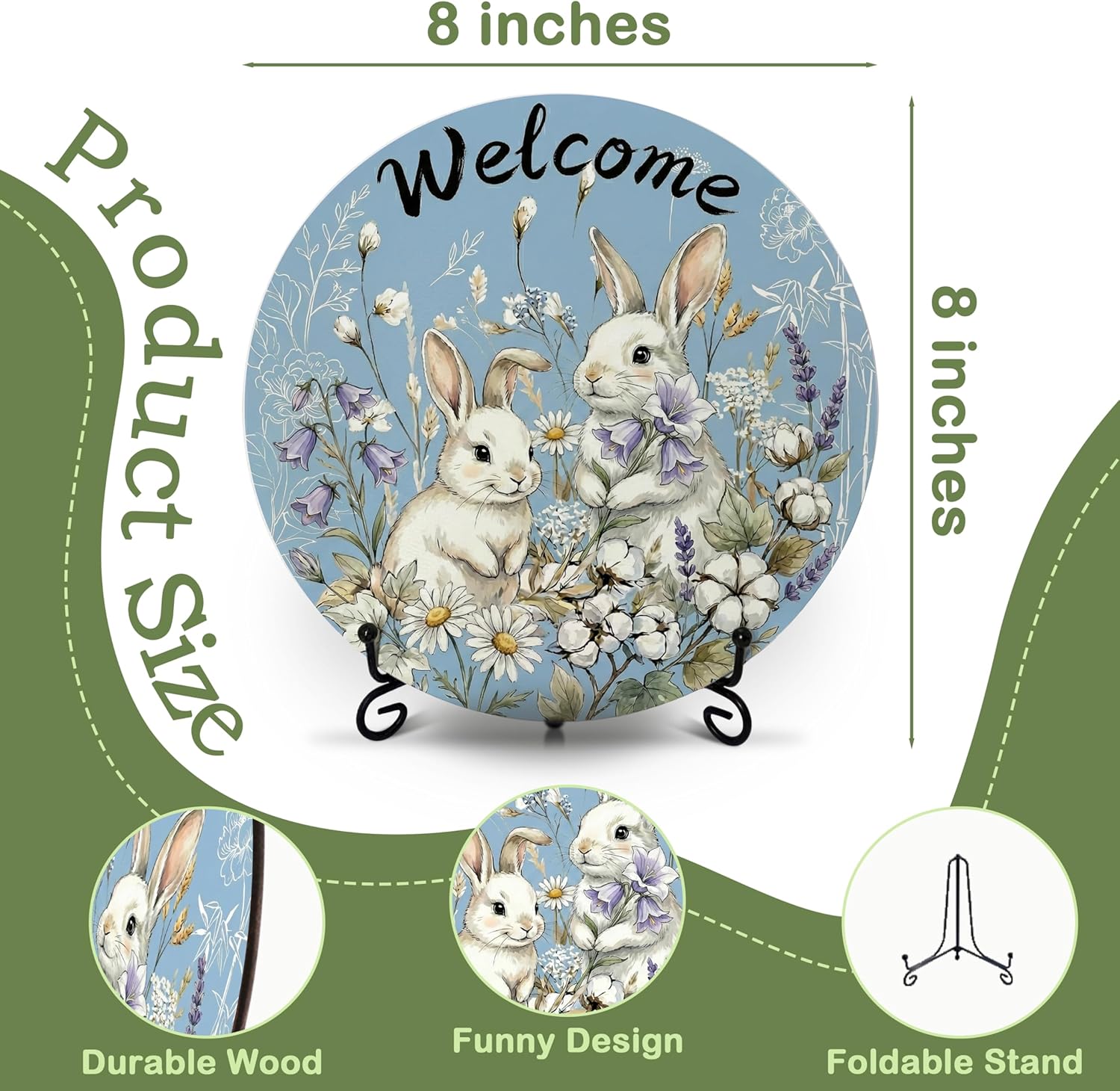 Welcome Spring Desk Decor for Home Office, 8-in Bunny Signs for Farmhouse Room Decor, Spring Flowers Ornaments for Easter Gifts