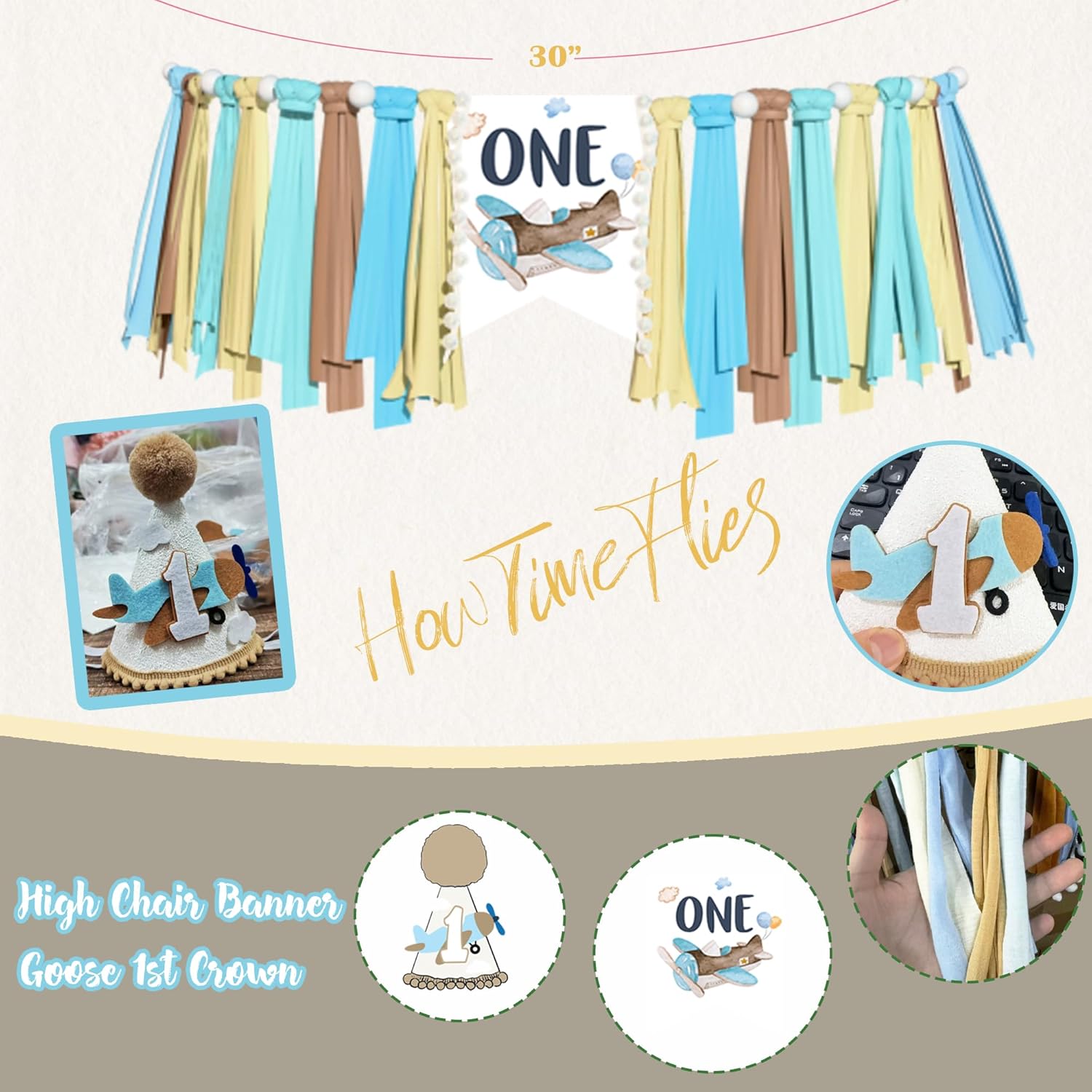 Airplane 1st Birthday Party Decorations for Boys, Time Flies 1st Birthday Party Supplies, Airplane Theme First Backdrop Balloon Garland Arch Banner Crown Cake Topper Boxes for One Year Old Boy