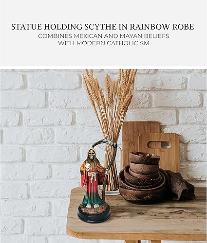 Miniatura 5 de Estatua de Santa Muerte de arco iris sosteniendo guadaña en bata de arco iris de siete poderes estatua de resina religiosa de 5 pulgadas Muerte