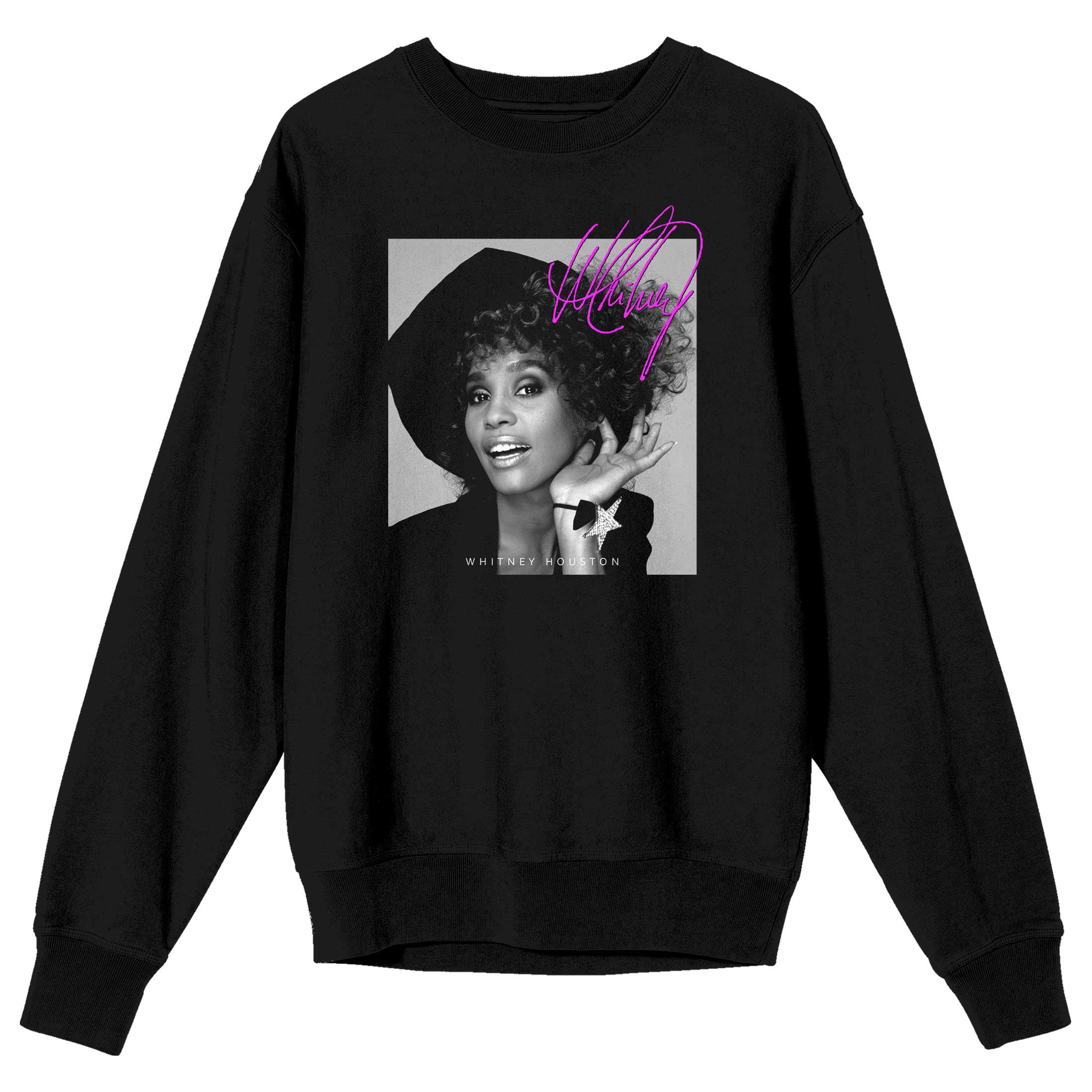 Bioworld Whitney Houston Grayscale Face Crew Neck Long Sleeve Black Unisex Adult Sweatshirt