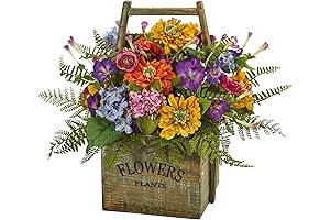 Nearly Natural Silk Flowers Artificial Arrangement in Wood Basket