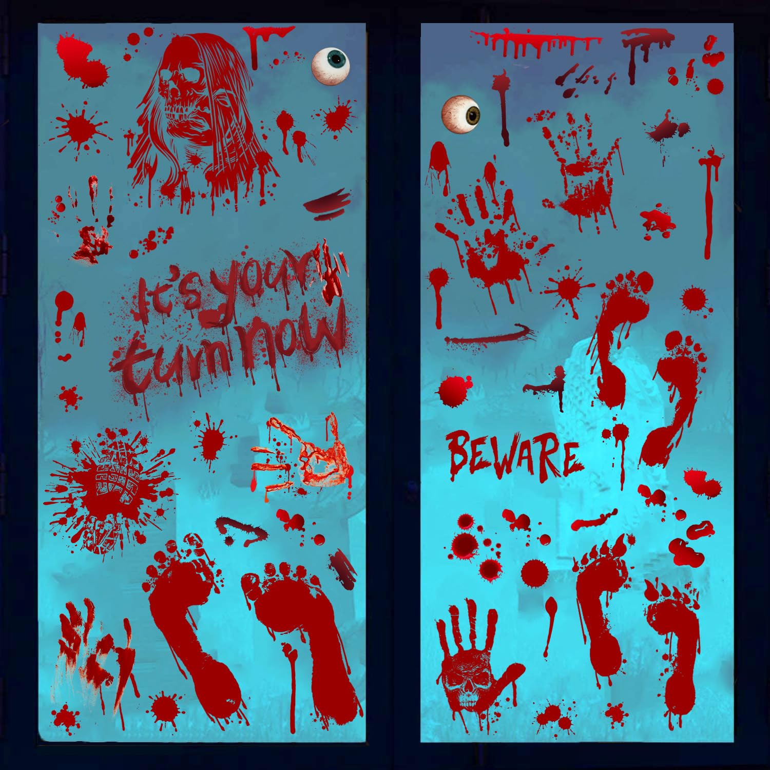 Christmas &amp; Halloween Static Window Clings Set (20x30cm &amp; 35x28cm),8-10 Designs/Pack, Removable Decals for Glass (Halloween ​Bloody Horror, Polyvinyl Chloride, Large)
