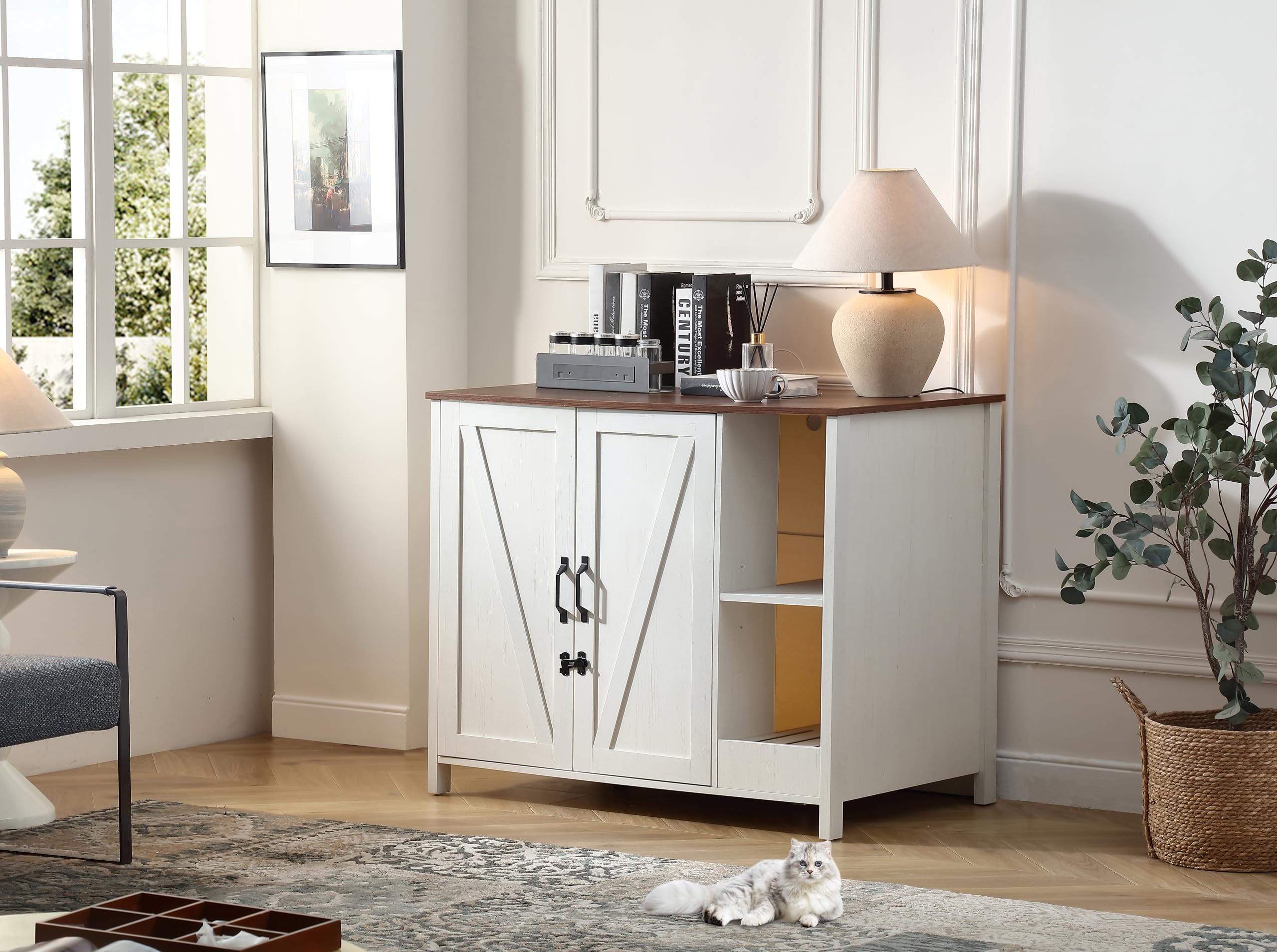 Cat Litter Robot Enclosure, Enclosure for self-Cleaning Litter Boxes,Adjustable Shelf for Dog Proof and Storage,charging station,Locks Added for cat,Large Indoor Cat House,Antique White