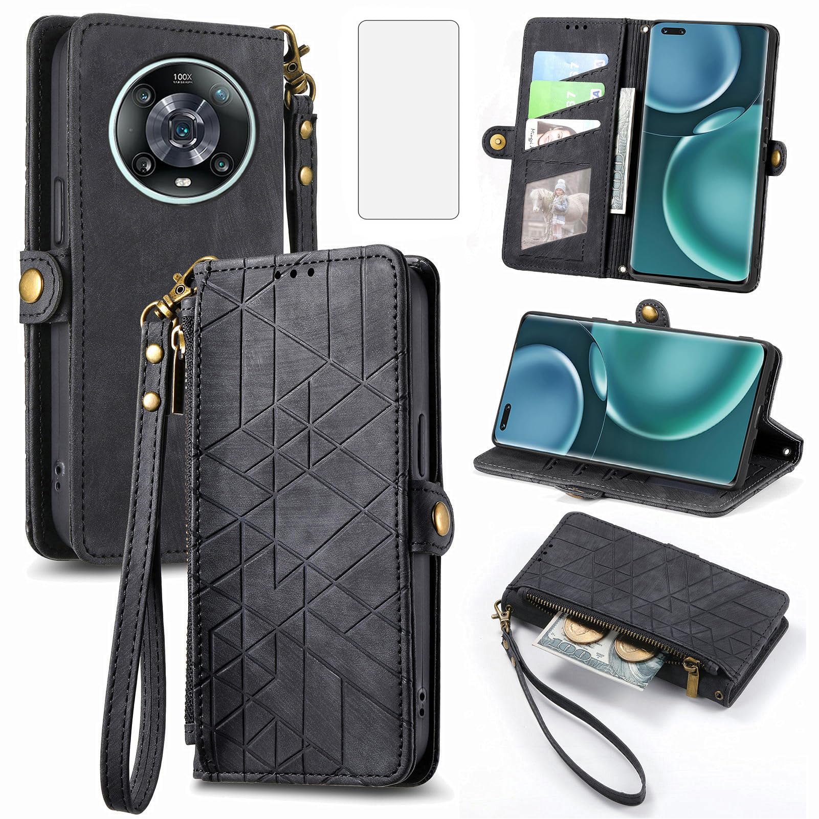 Asuwish Phone Case for Huawei Honor Magic 4 Pro 5G Wallet Cover with Tempered Glass Screen Protector and Flip Zipper Credit Card Holder Cell Accessories Hawaii Magic4 Pro Magic4Pro Women Men Black