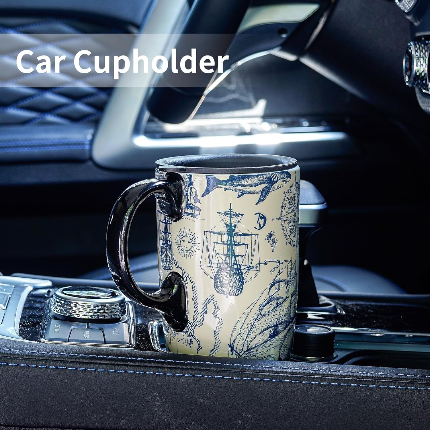 Topadorn Ceramic Mug Porcelain Latte Tea Cup Coffee Mug with Gift Box,17oz.Travel Cup with Lid, Vintage Navigation Style - Image 7