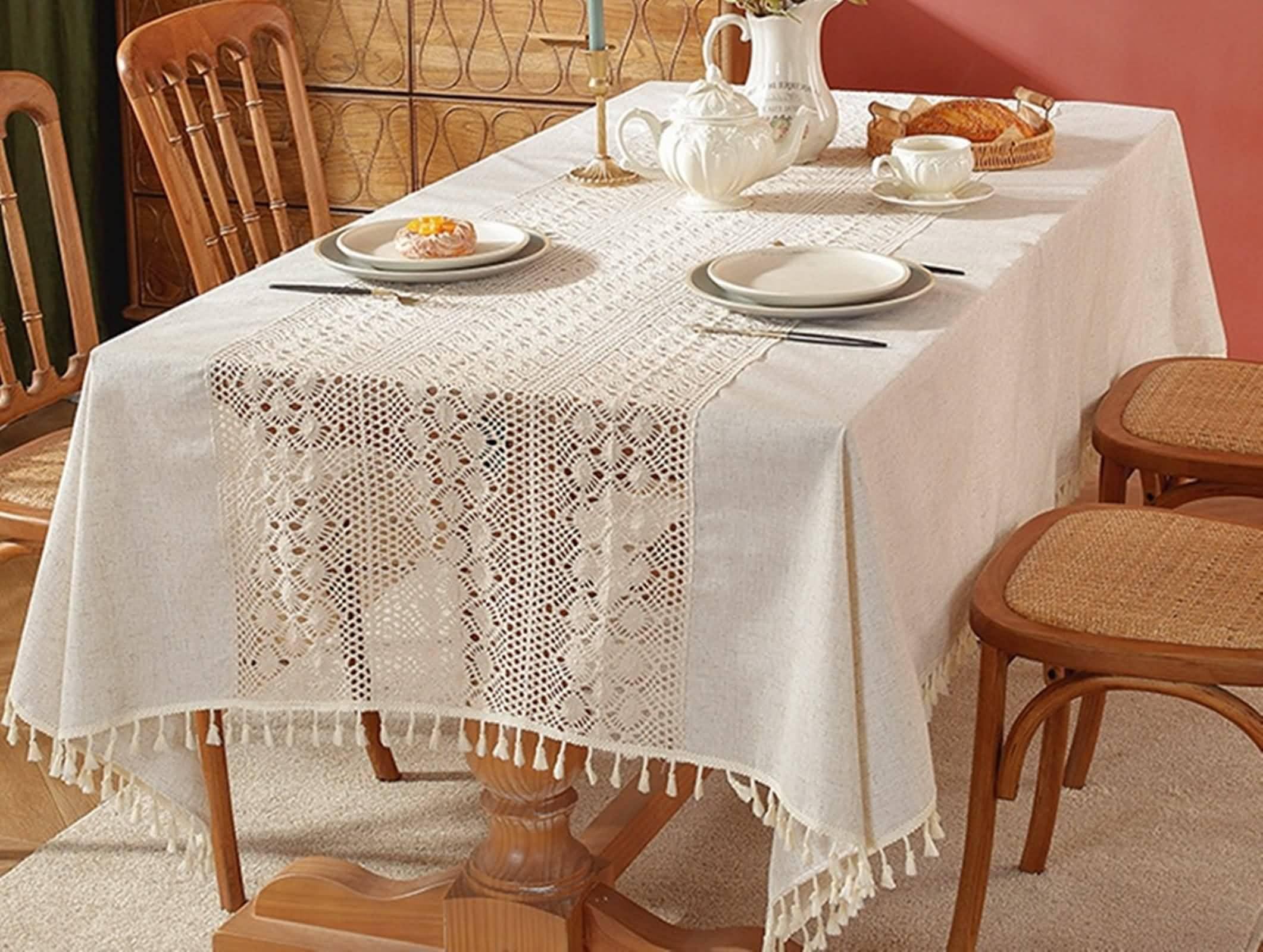 Tovaglia Antimacchia, Tovaglie 140 x 300 cm Pizzo lavorato a maglia cavo con nappa in Poliestere Copritavolo per Tavolo da Pranzo, Cucina, Festa CompleannoBeigeStile 2