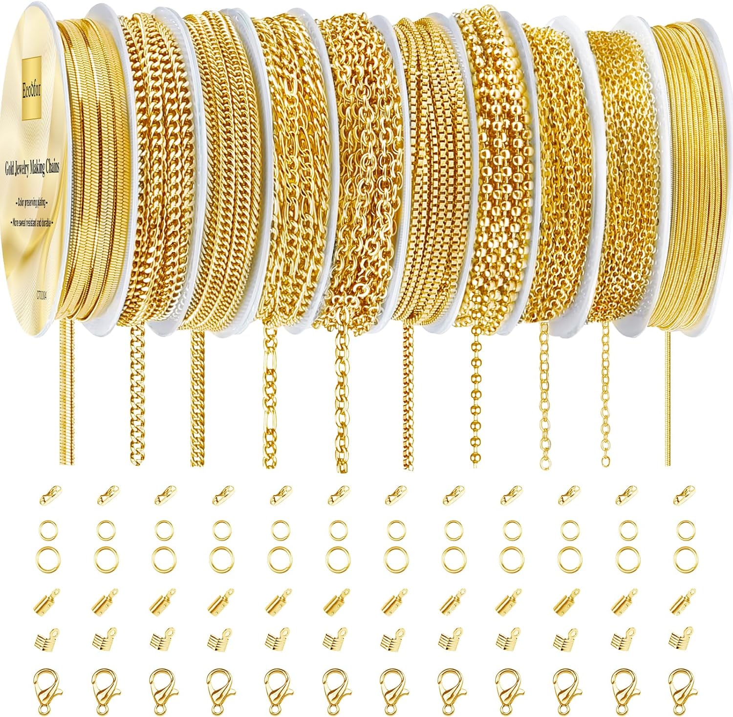 Ecoofor Gold Necklace Chains for Jewelry Making, 75.5 Feet 10 Rolls Jewelry Chains for DIY Necklace Bracelet Jewelry Making with Jump Rings/Lobster Clasps/Connectors