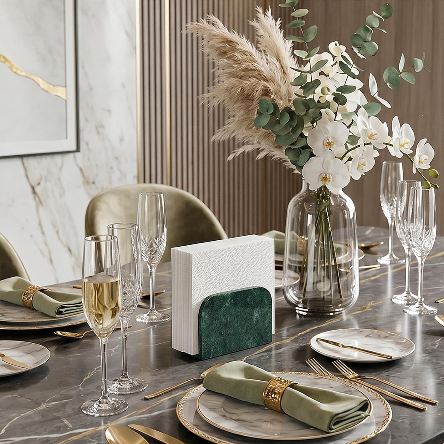 Marble Napkin Holder for Table, Natural Stone Standing Napkin Dispenser for Cocktail Tissue & Paper for Dining, Kitchen Countertop Organizer All Dining Room & Home Decor Green (WH102)