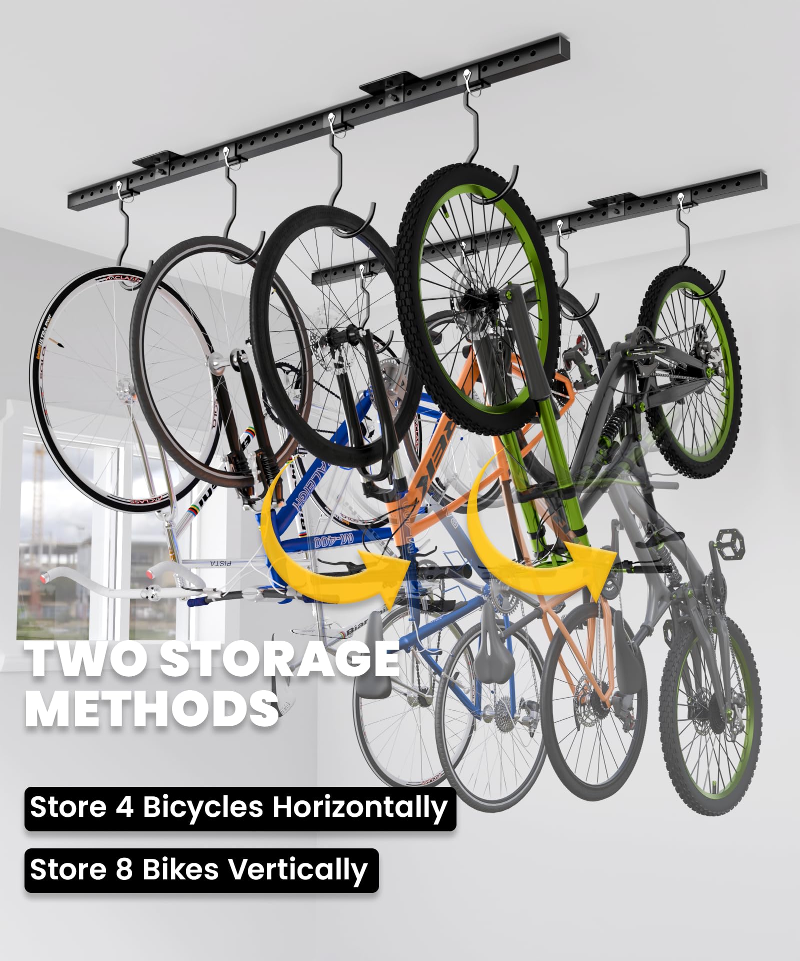 SJPULMO Bike Rack Celling Mount for Garage, Indoor Hangers Storage for 8 Bicycles, Heavy-duty Adjustable Bike Hooks for Garage Ceiling Support up to 640 lbs