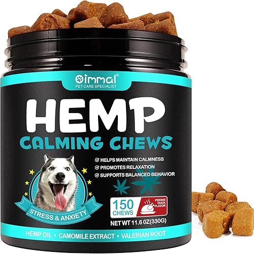 Masticables calmantes de cáñamo para perros con ansiedad y estrés, 150 golosinas suaves calmantes para perros, tormentas, ladridos, separación, raíz