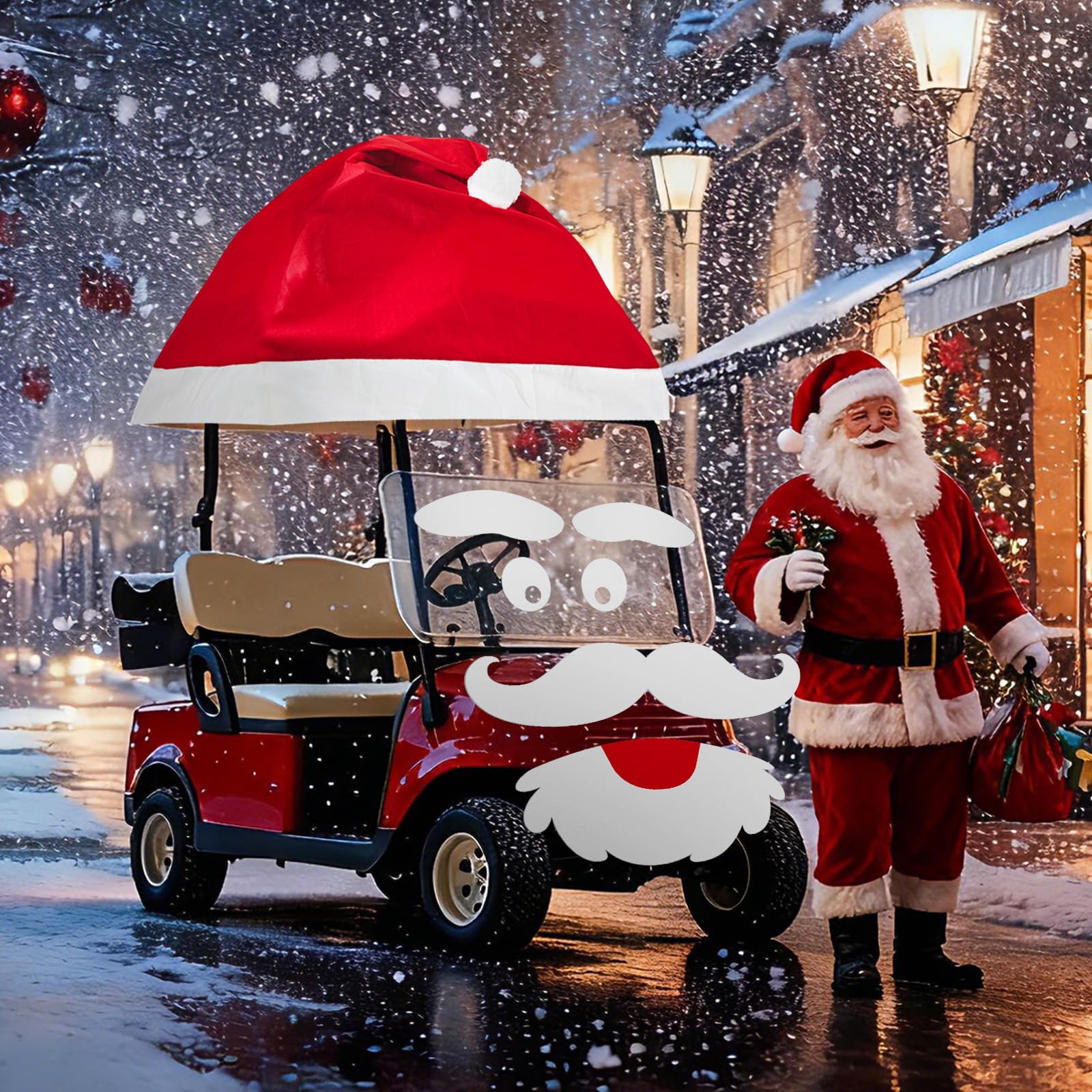 Cinrobiye 8 Pcs Large Christmas Car Decoration Santa Claus Hat Beard Face Sticker Outdoor Car Covers for Xmas Cars Costume Auto Accessories Felt Santa Vehicle Golf Kit Xmas Gift Set Supplies
