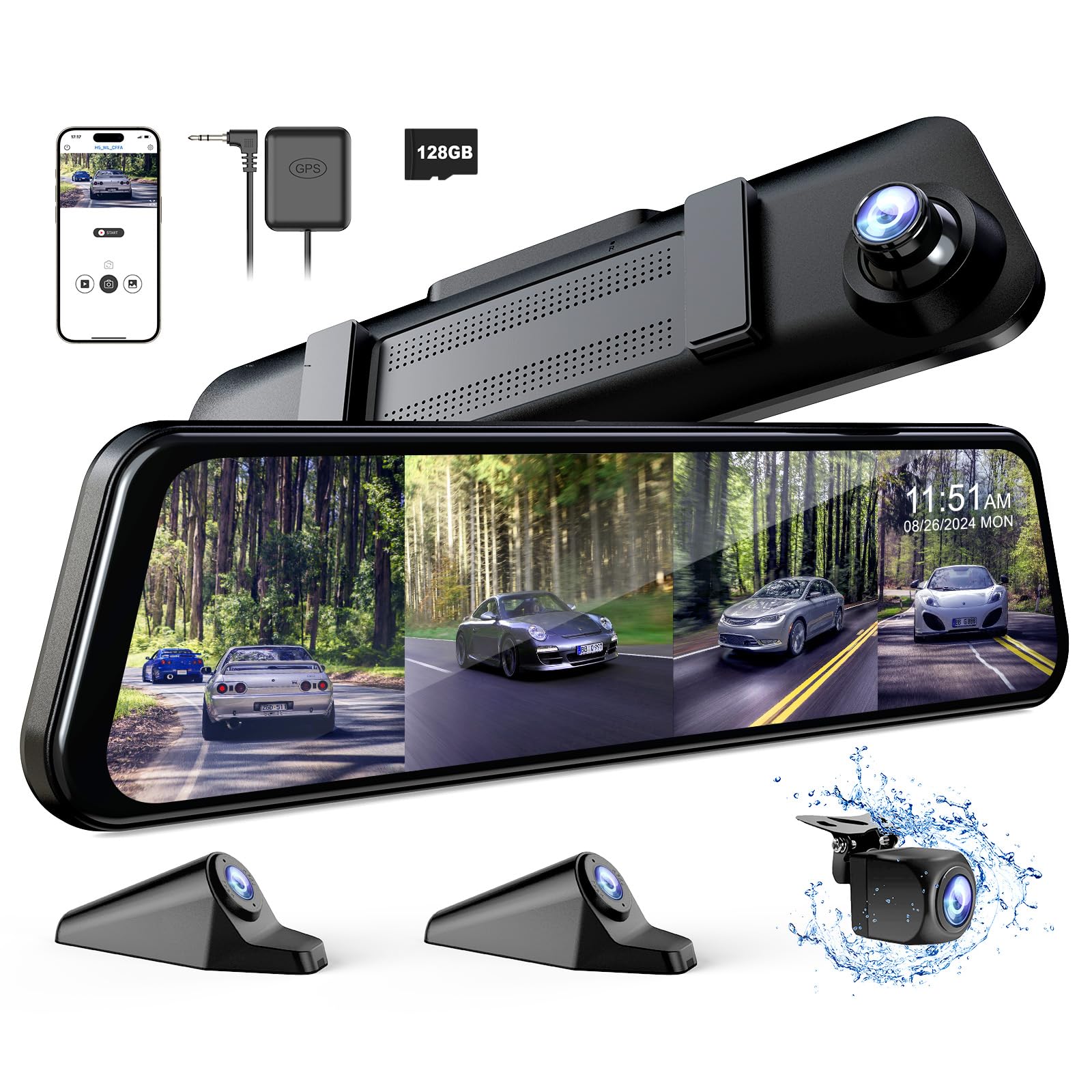 12'' 360° 4-Kanal Rückspiegel-Dashcam, 5,8 GHz WLAN inkl. 128 GB SD-Karte | eigenständige Kameras, WDR, Touchscreen-Rückspiegel und Rückfahrkamera, Parküberwachung, Rückfahrhilfe, G-Sensor sowie GPS