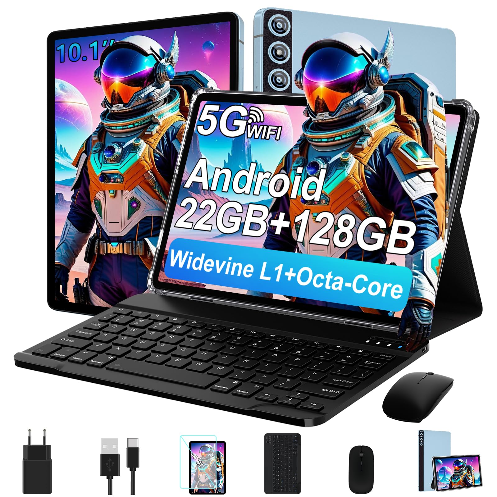 ZIOVO Tablet 10 Pollici Tablet Android 14, 22GB RAM+128GB ROM (TF 1TB), 5G WiFi/Supporto Widevine L1/Octa-Core/8000mAh/Corpo Metallico/8+5MP/BT 5.0, 2 in 1 Tablets con Tastiera e Mouse - Blu