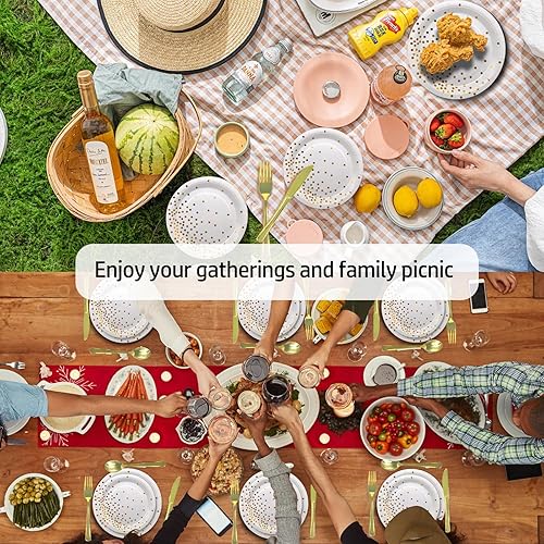 Miniatura 5 de 175 platos de papel desechables con lunares dorados y donas, tazas, servilletas, cuchillos de plástico dorado, tenedores, cucharas para 25